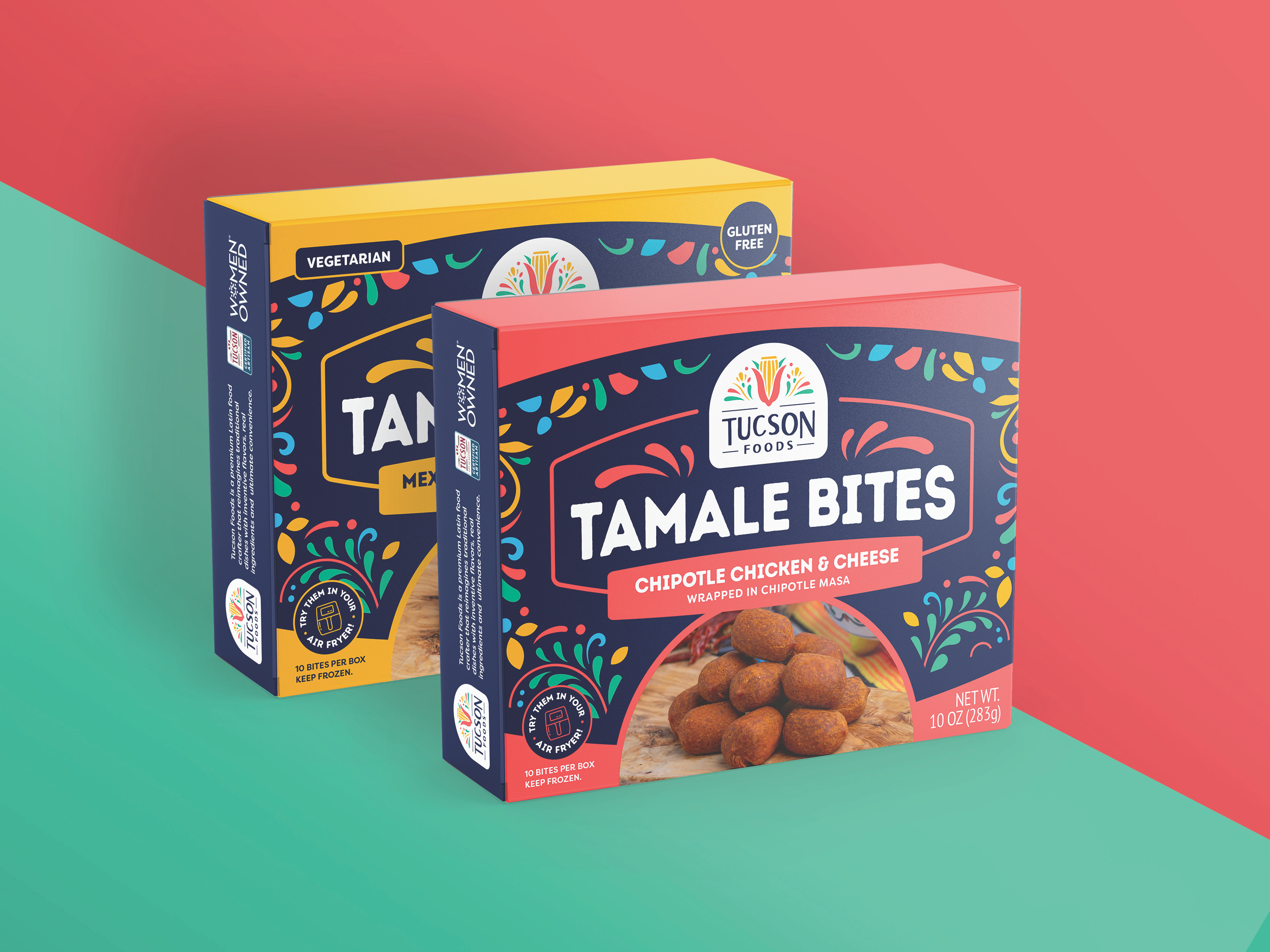Packaging design for Tucson Foods Tamale Bites, CPG snack packaging for retail and trade marketing
