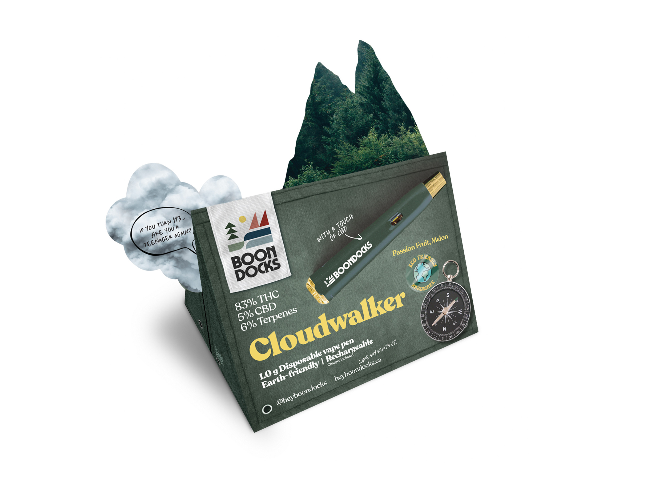 Tabletop display design for Boondocks Cloudwalker vape pen, custom die-cut retail counter graphic used for trade marketing and in-store promotions