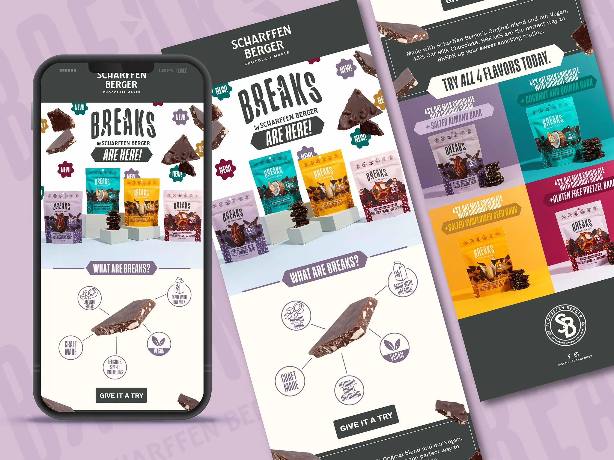 Email design for CPG snack brand Scharffen Berger, e-commerce email marketing layout optimized for new product launches and brand storytelling across mobile and desktop devices