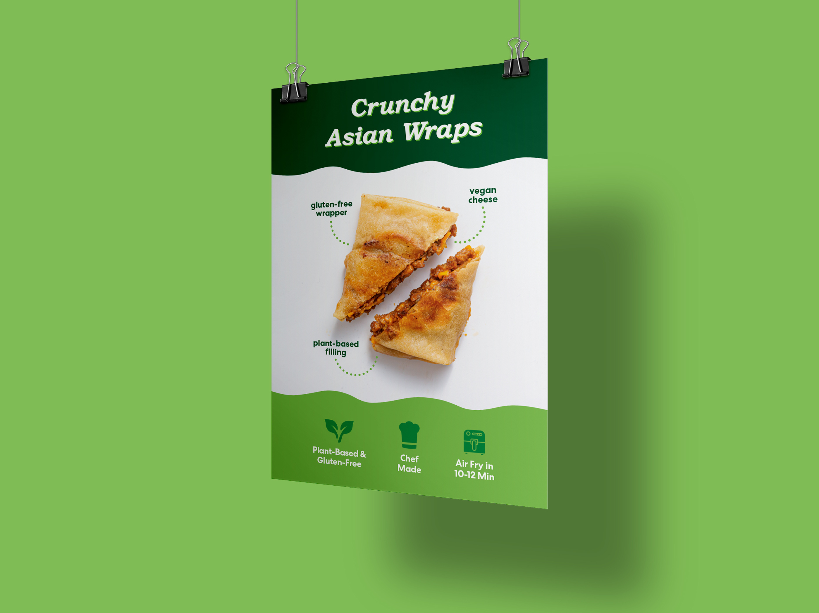 Retail poster design for Crunchy Asian Wraps, point-of-sale graphics optimized for events and in-store promotions highlighting plant-based features