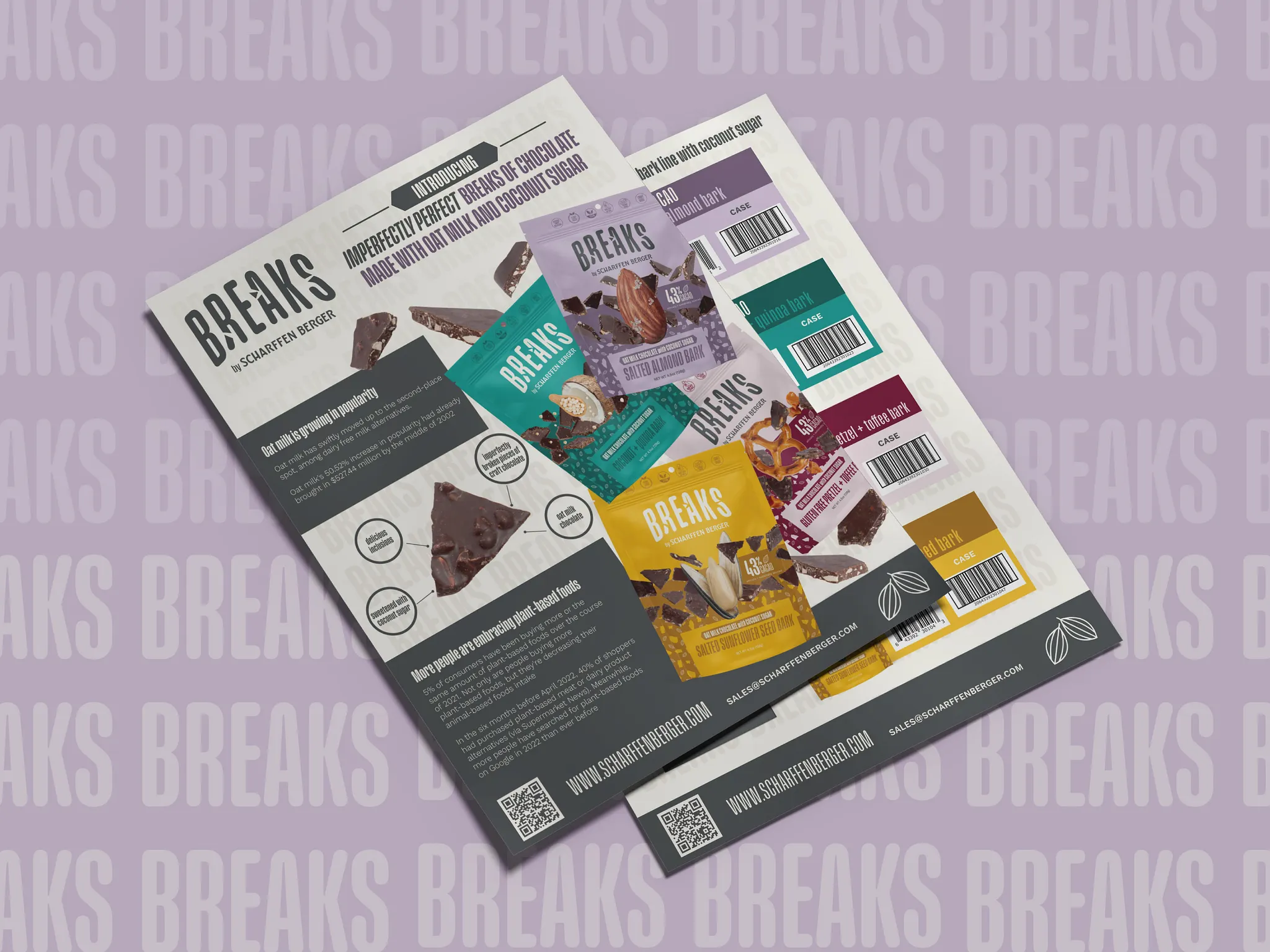Sell sheet design for Breaks by Scharffen Berger, trade marketing asset for CPG snack brand product launch, sales collateral with product details and ordering information
