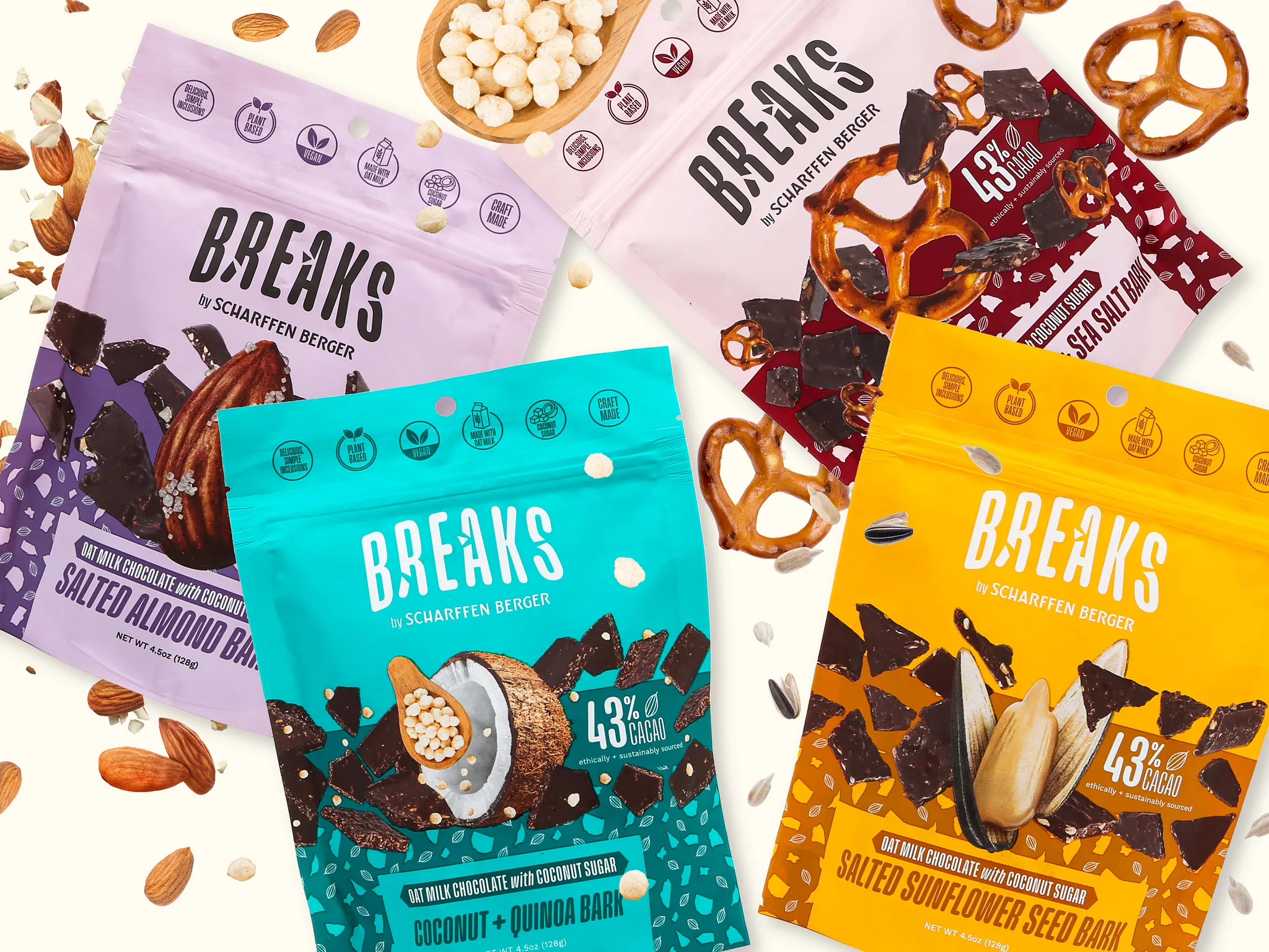 Packaging design for Scharffen Berger Breaks oat milk chocolate bark snacks, stand-up pouches for retail and trade marketing