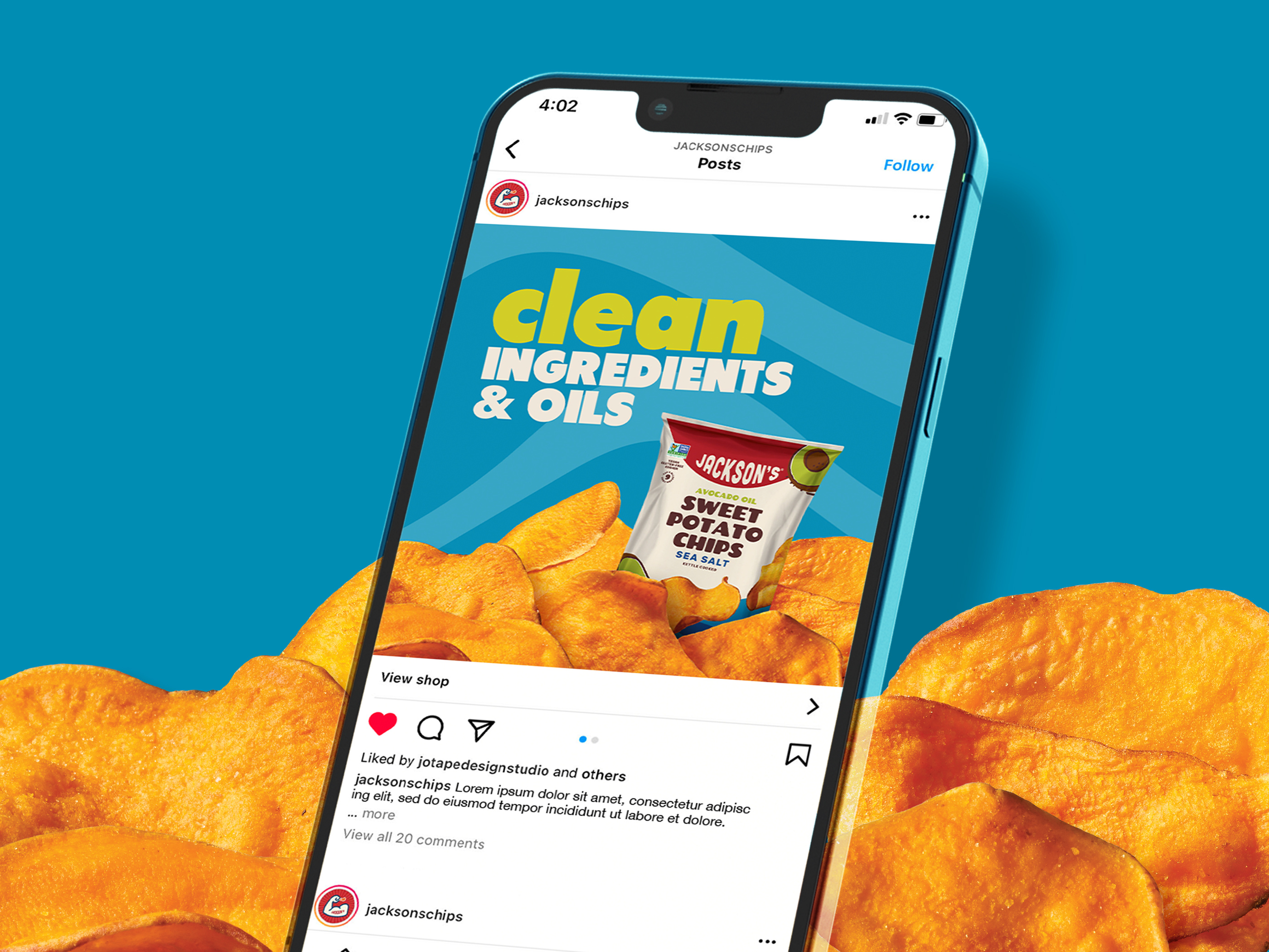 Social media design for CPG snack brand Jackson's Chips, digital marketing asset optimized for brand awareness and product messaging across social platforms