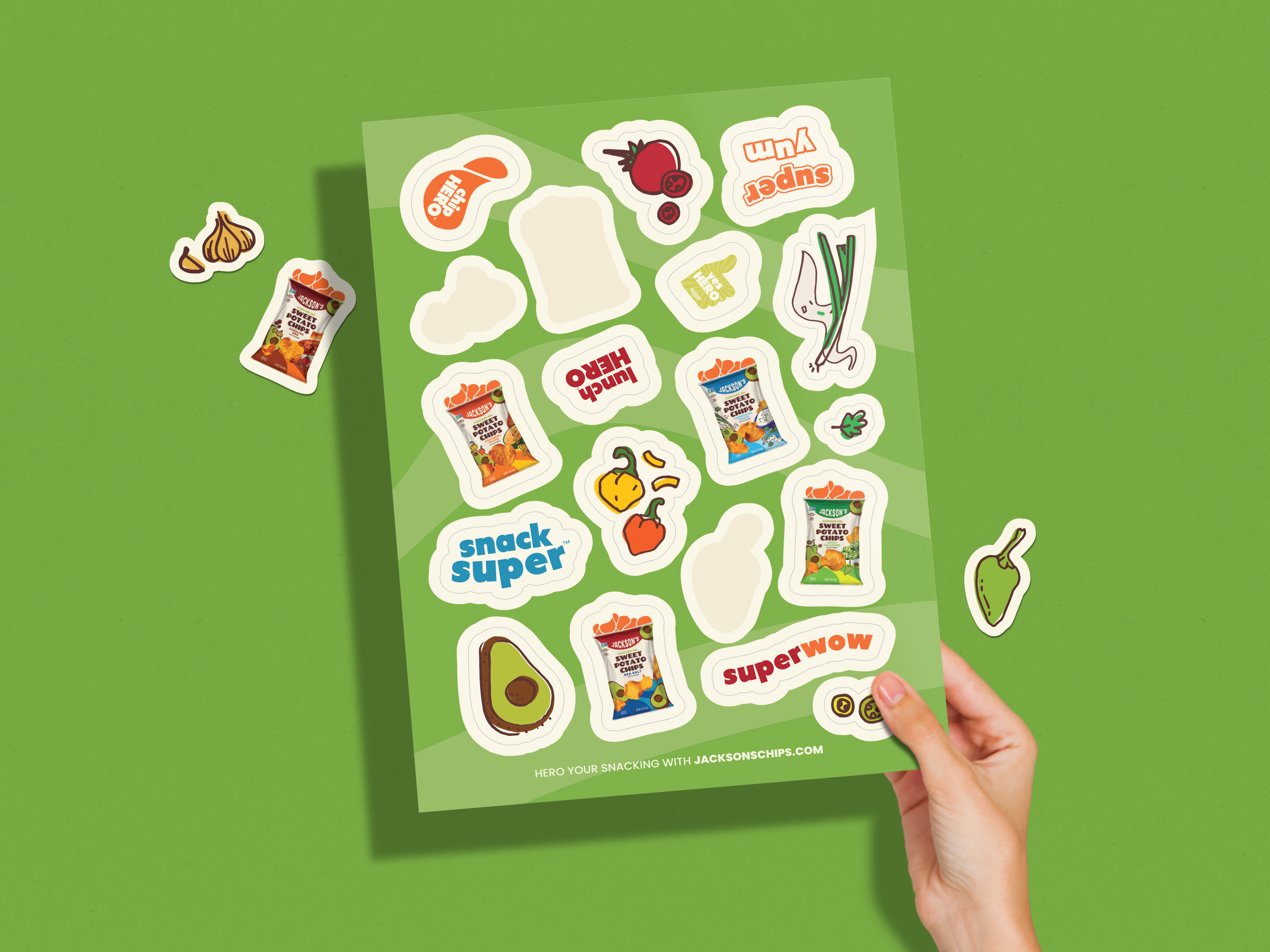 Sticker sheet design for Jackson's Chips, promotional print collateral featuring illustrations of sweet potato chips, ingredients, and fun phrases for events and trade shows