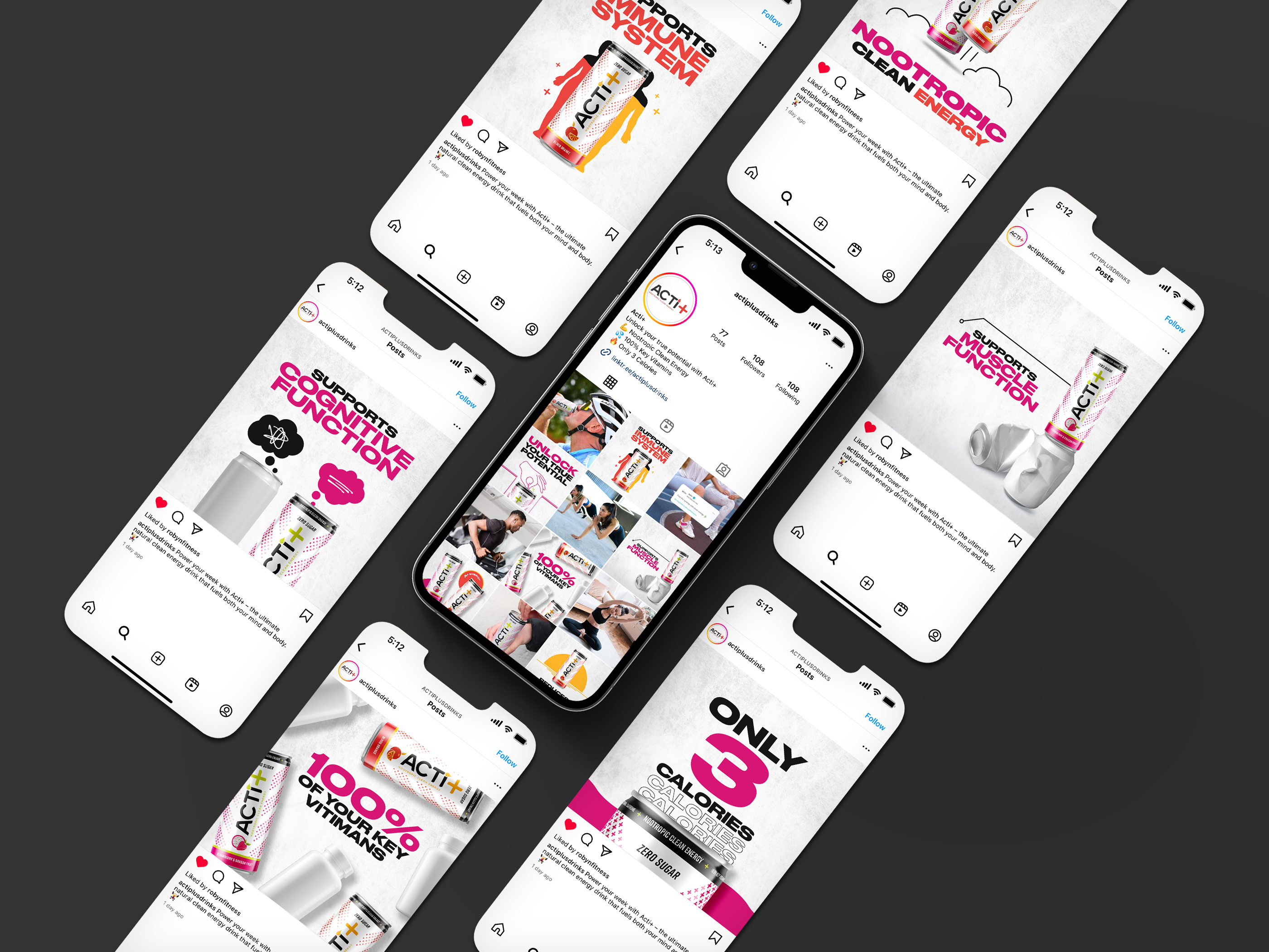 Social media design for energy drink brand ACTI+, Instagram posts and profile grid layout optimized for digital marketing and brand storytelling