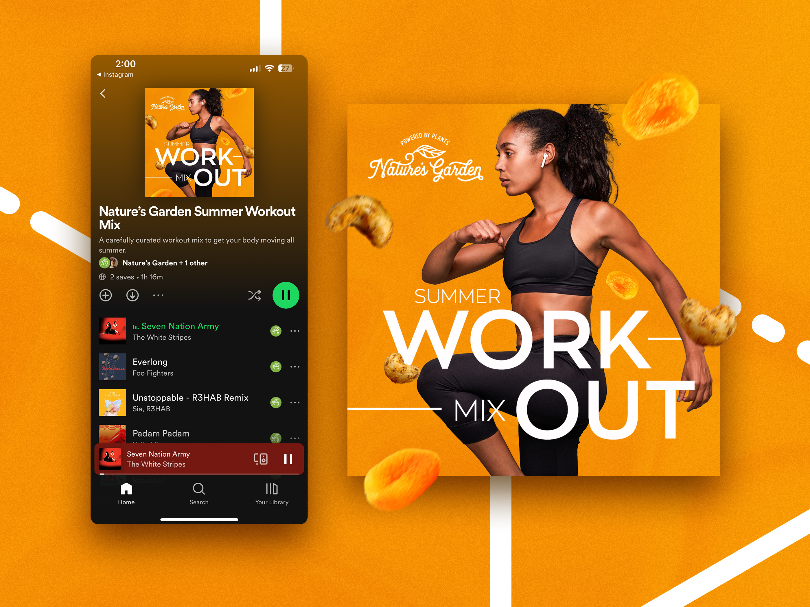 Digital marketing asset and playlist cover design for Nature's Garden Summer Workout Mix, shown on mobile interface and as standalone graphic for brand engagement and social media campaigns