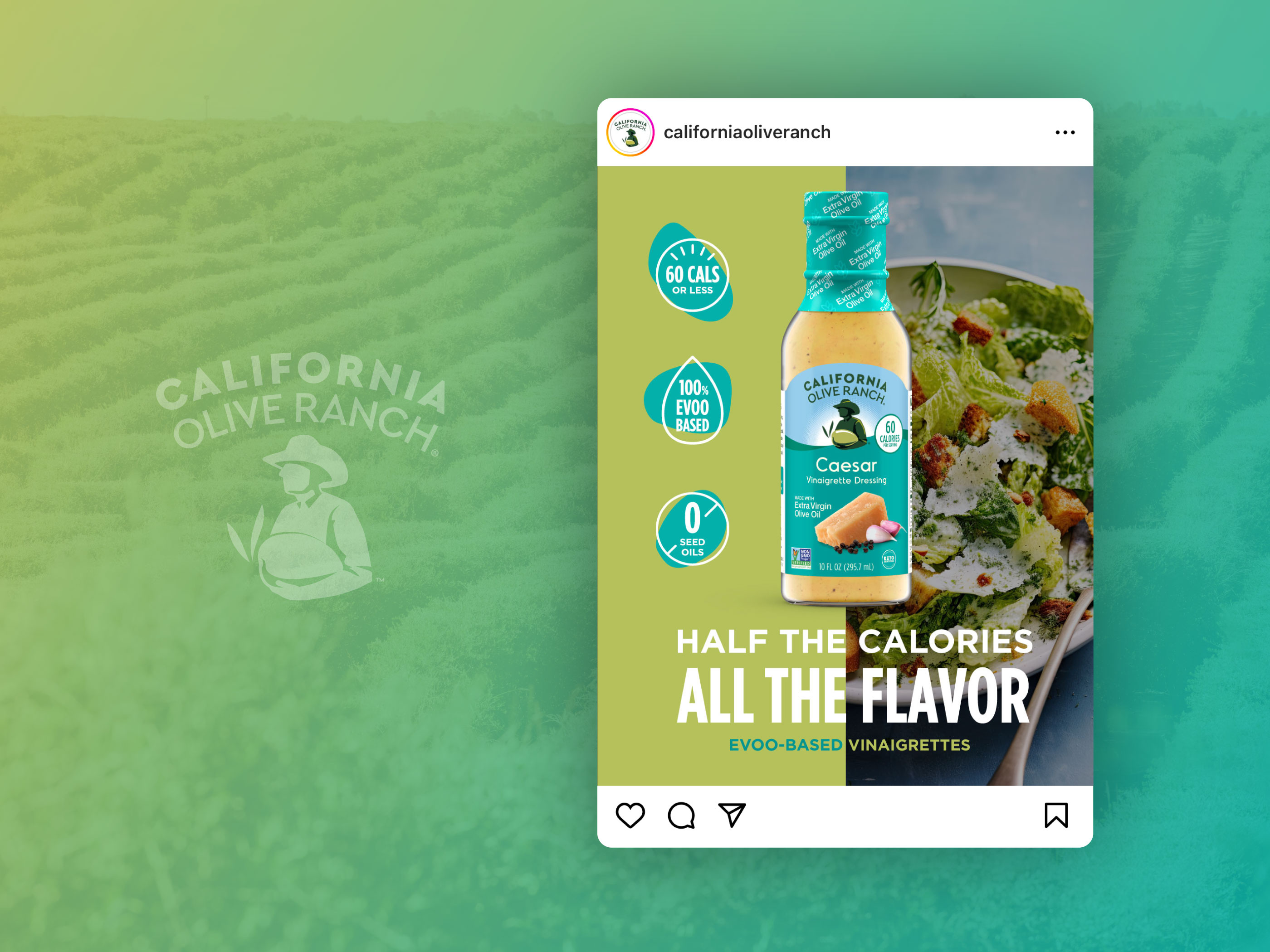 Social media design for Caesar Cardini's salad dressing, digital marketing asset used in retail promotions and trade shows featuring product imagery and bold typography