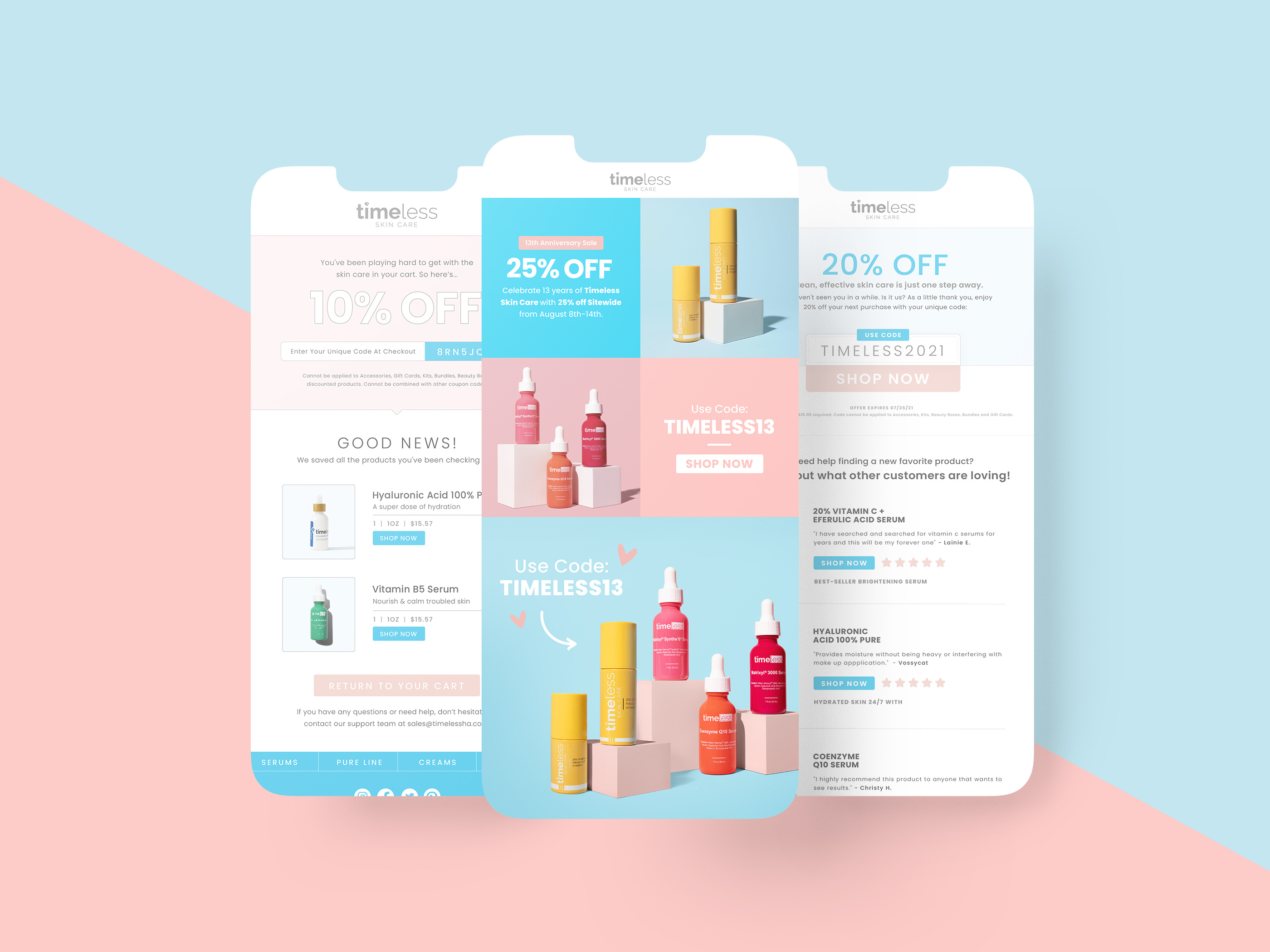 Email design and newsletter layout for beauty and skincare brand Glow & Co, e-commerce email marketing optimized for product discovery and brand storytelling