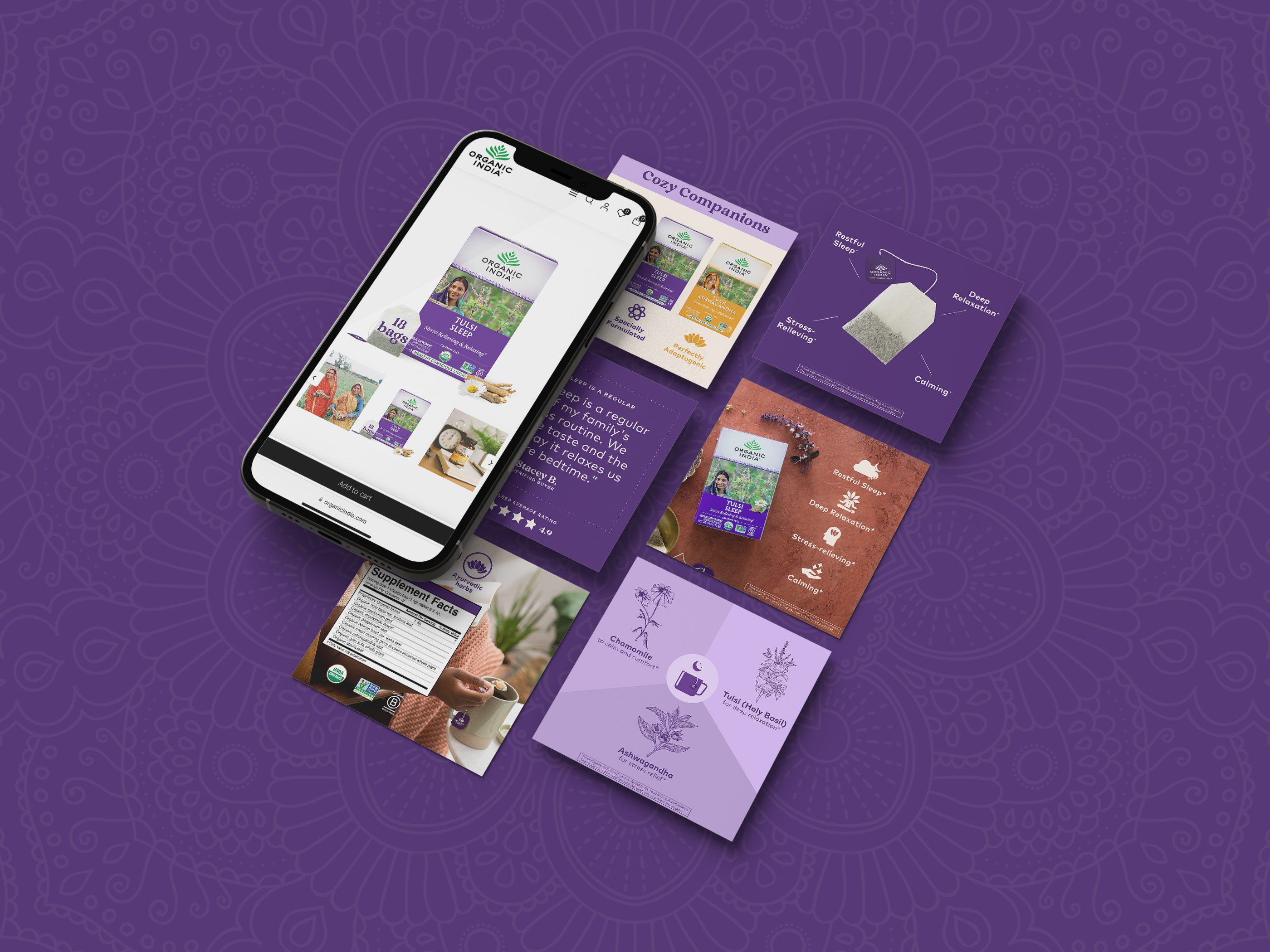 Website product card design for healthy tea brand, e-commerce UI layout for CPG snacks and drinks, digital marketing asset for online retail