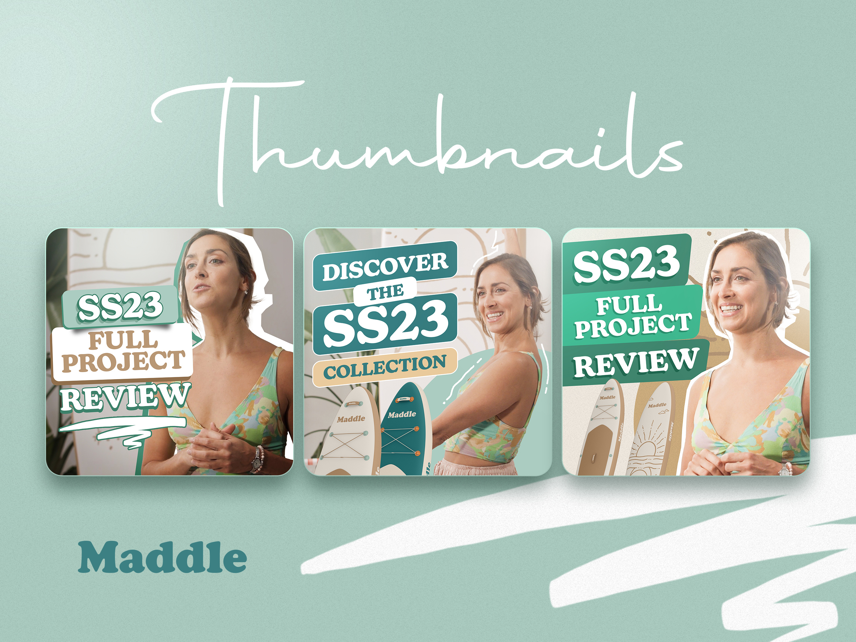 Product graphic design and sporting goods branding for paddleboards, trade show display graphics featuring distinct visual themes for yoga touring and racing categories