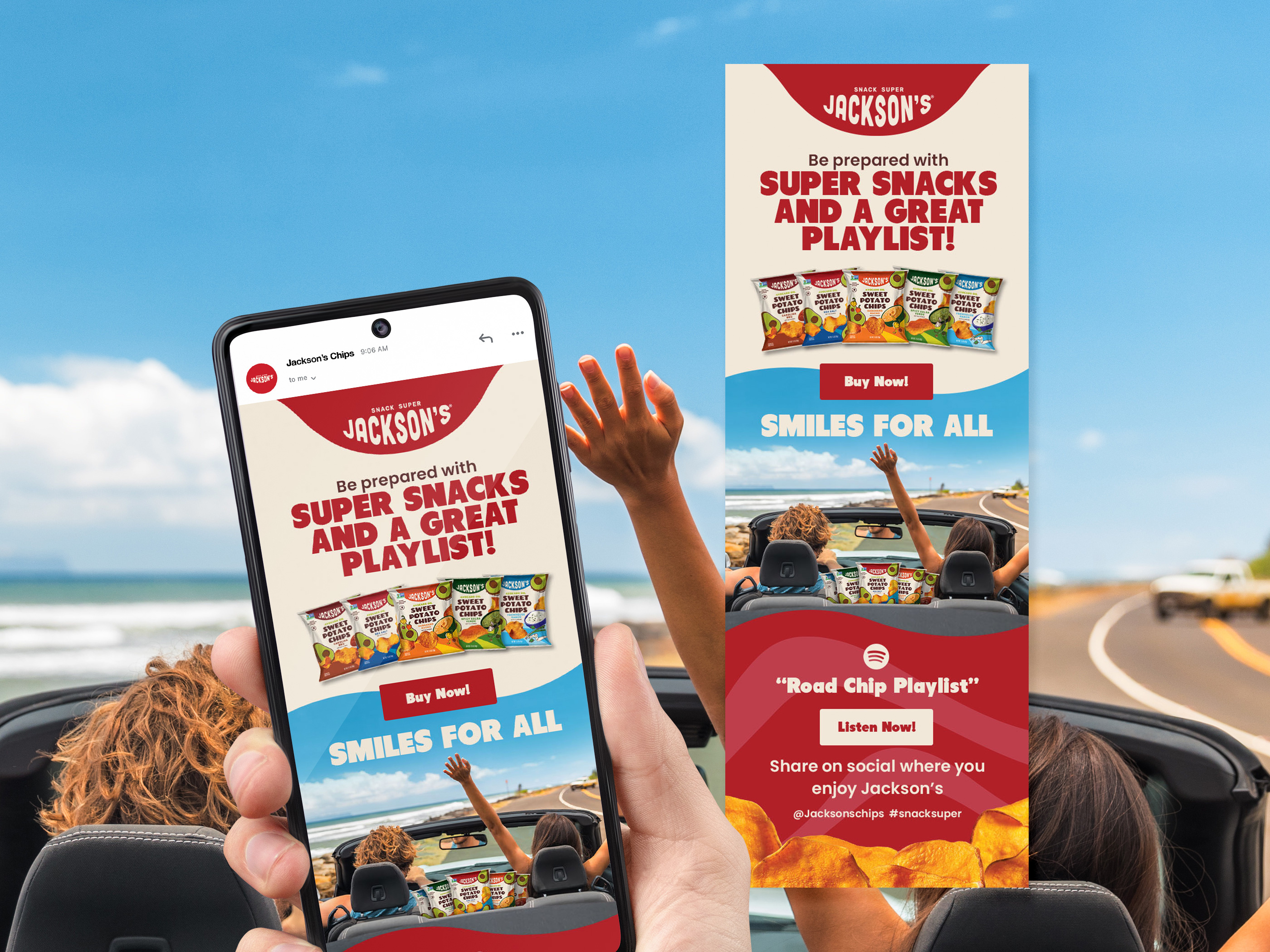 Email design and e-commerce newsletter layout for CPG snack brand Crunchy optimized for product launch and online sales