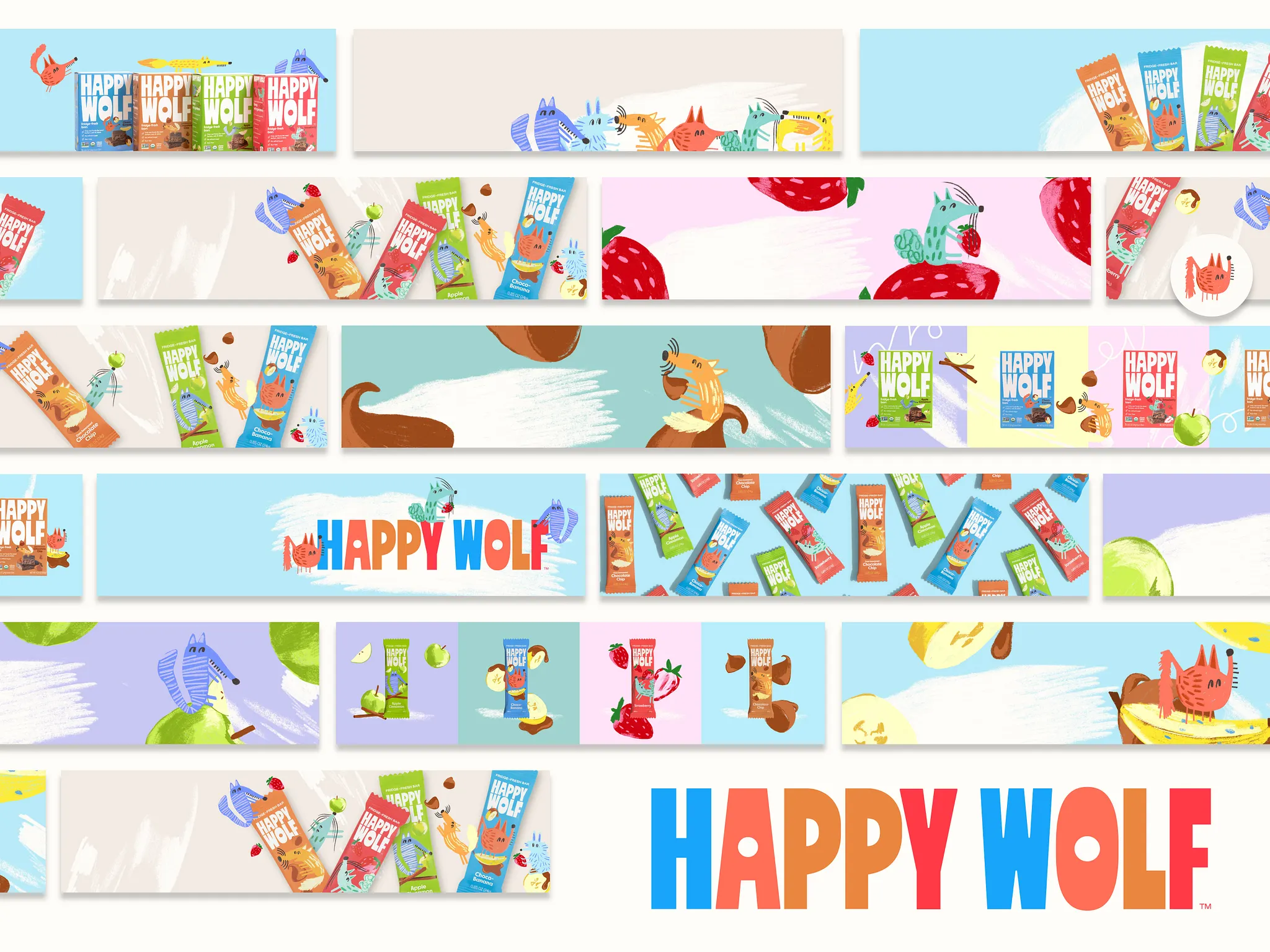 Trade marketing illustration and event branding design for CPG snack bars featuring hand-drawn oat nut and fruit ingredients for retail promotions and trade shows