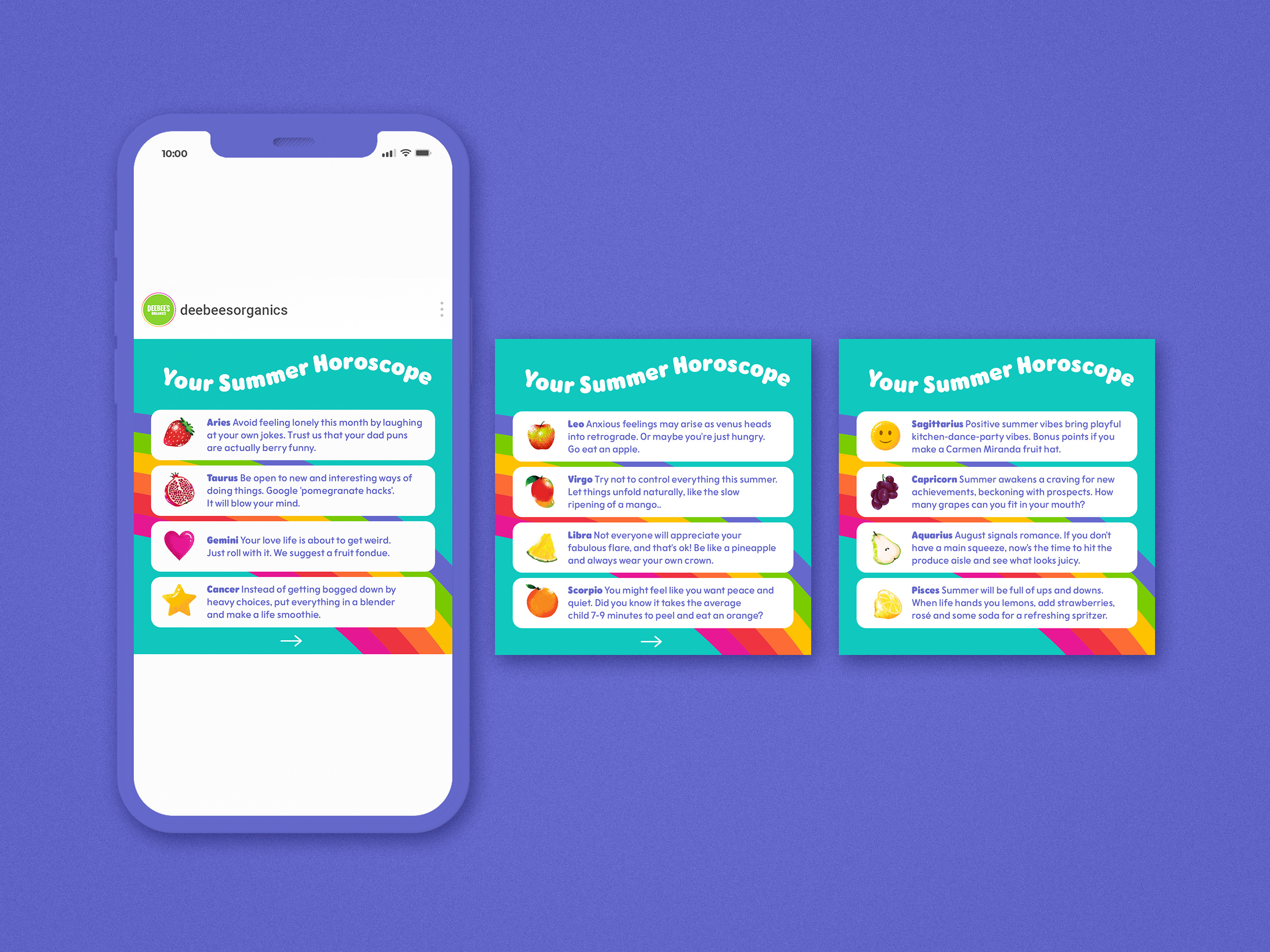 Social media design for CPG fruit snack brand featuring a summer horoscope content grid with vibrant product photography and playful typography for digital campaigns and engagement