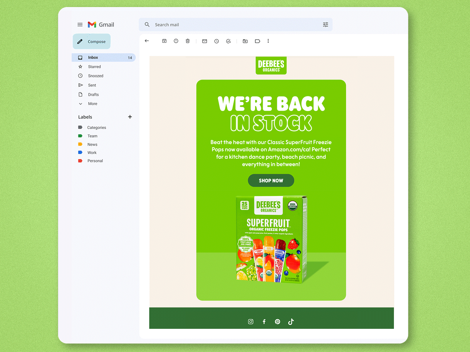 Animated email marketing design for CPG snack brand optimized for digital engagement and direct to consumer retention featuring vibrant product layout and typography