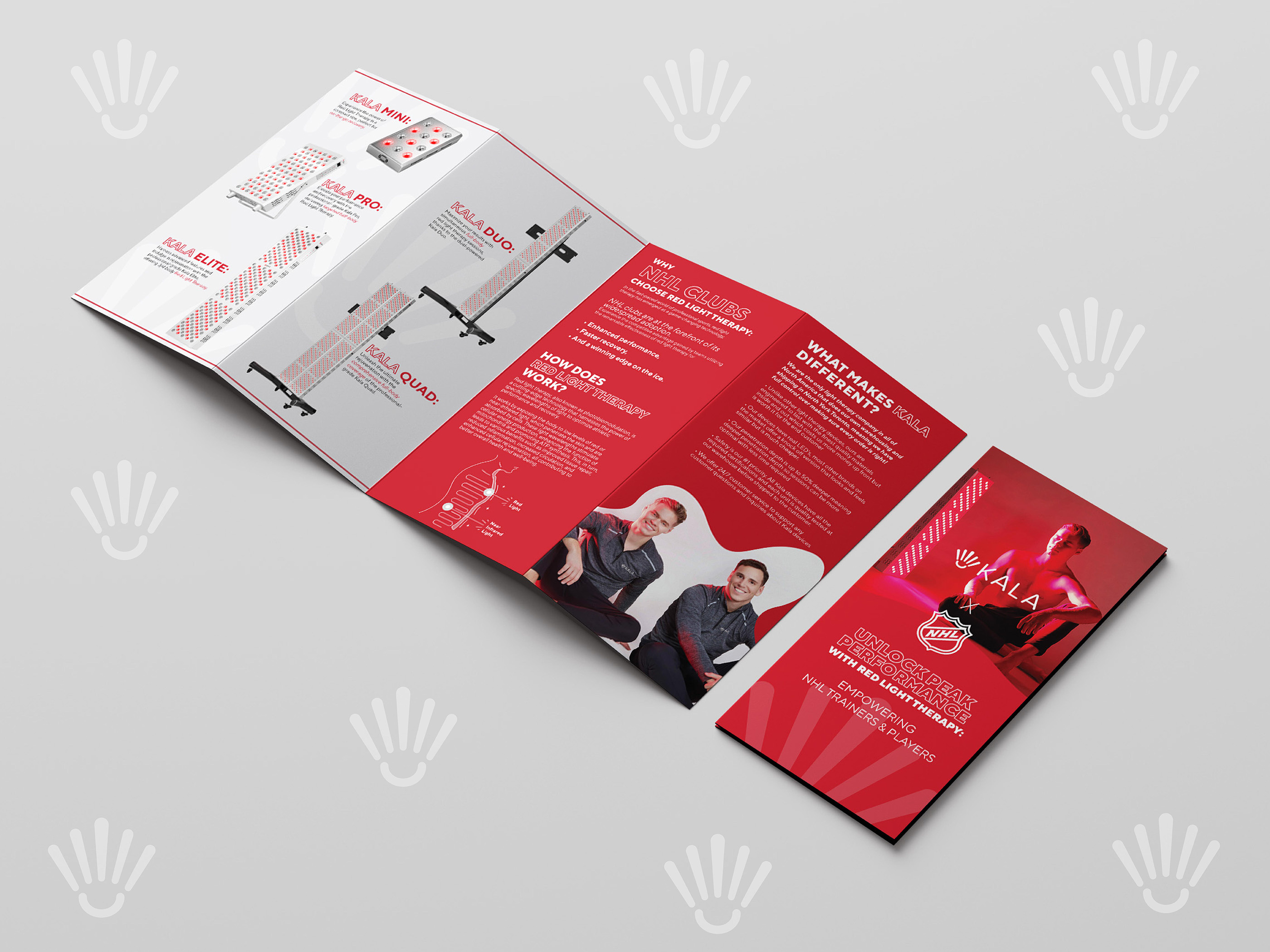 Brochure design and print collateral for Red Therapy, tri-fold layout for health and wellness trade marketing and retail promotions