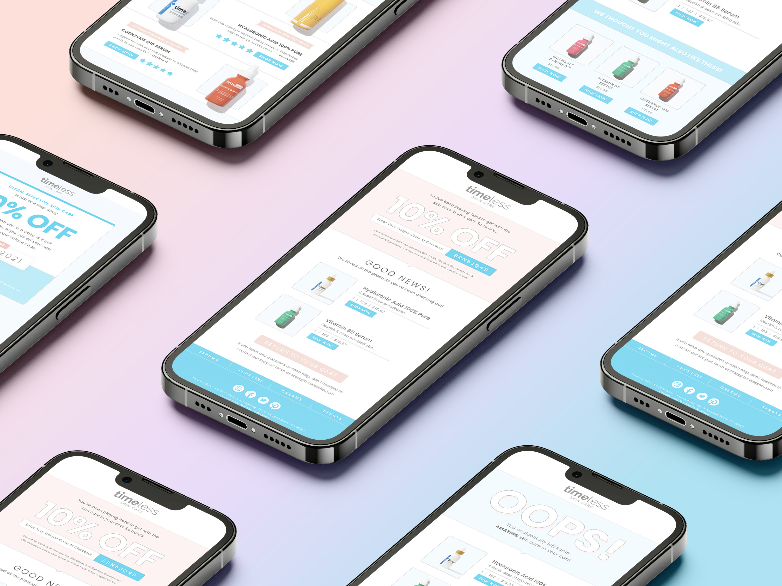 Email newsletter design for skincare brand, e-commerce email marketing layout optimized for product promotion and brand storytelling, clean aesthetic with product photography and typography hierarchy