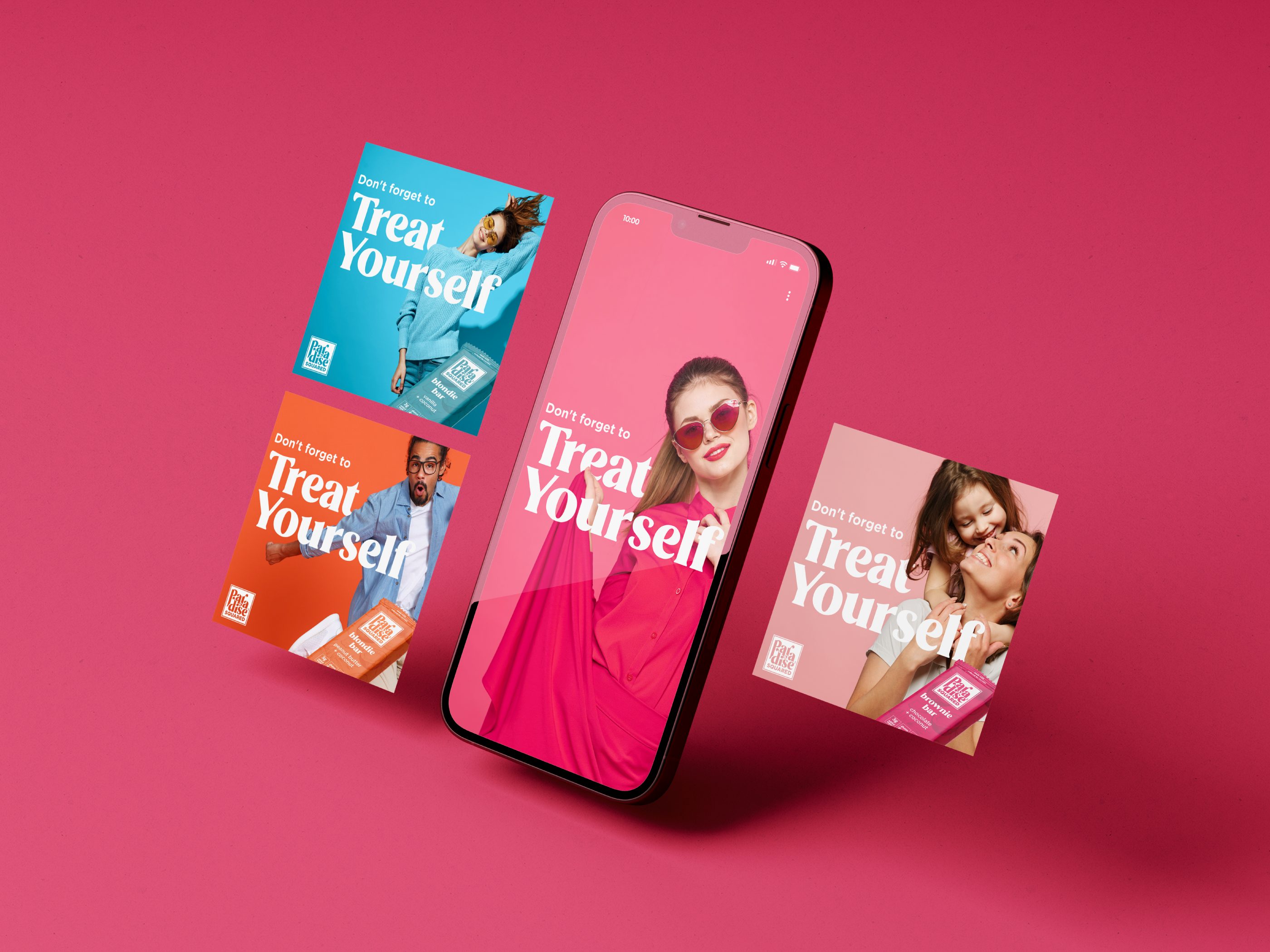 Integrated CPG snack marketing design suite featuring vertical event signage and square social media graphics for brownie bars optimized for retail promotions and trade shows