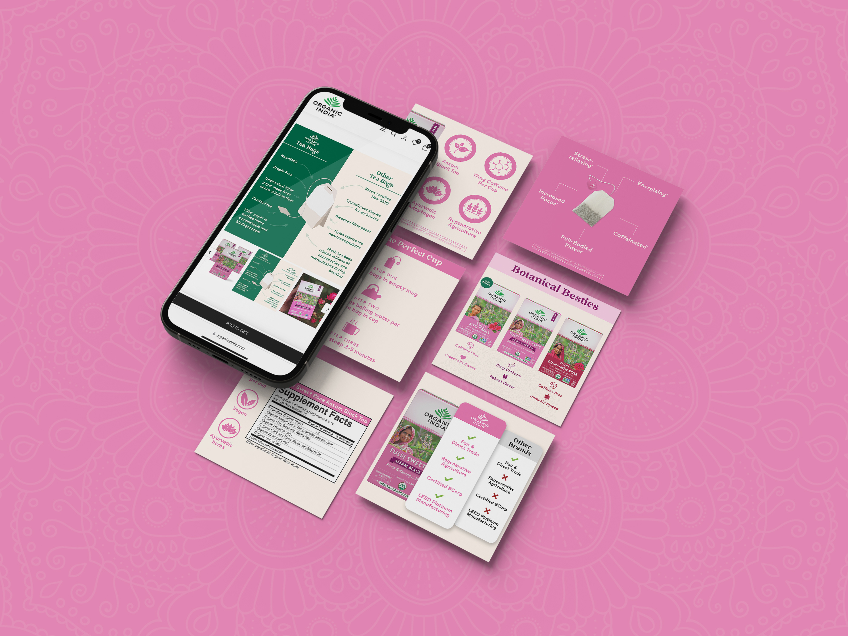 Product information card design for tea brand, tabletop display graphics optimized for retail point-of-sale and trade show environments highlighting flavor variants and health benefits