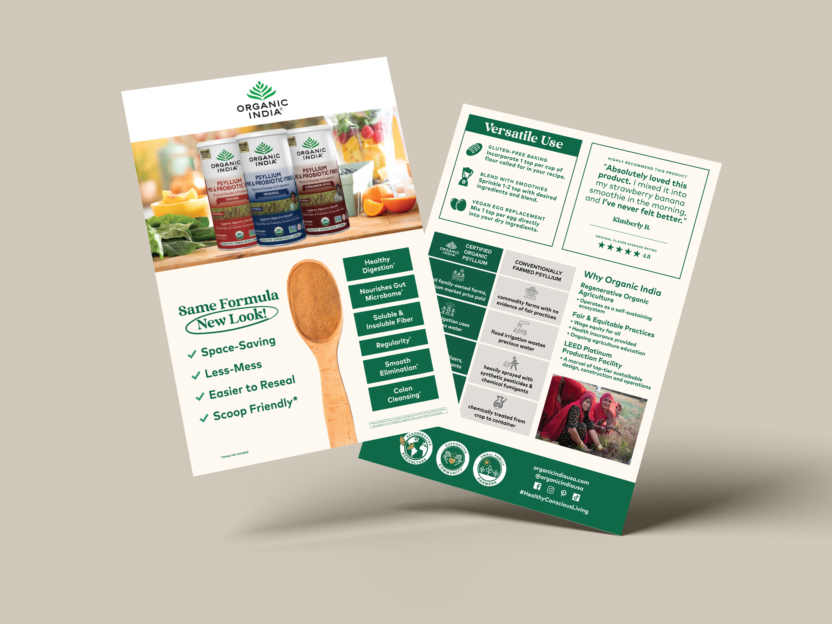Sell sheet design for Vitality Organics supplements, double sided print collateral optimized for trade marketing events and retail promotions
