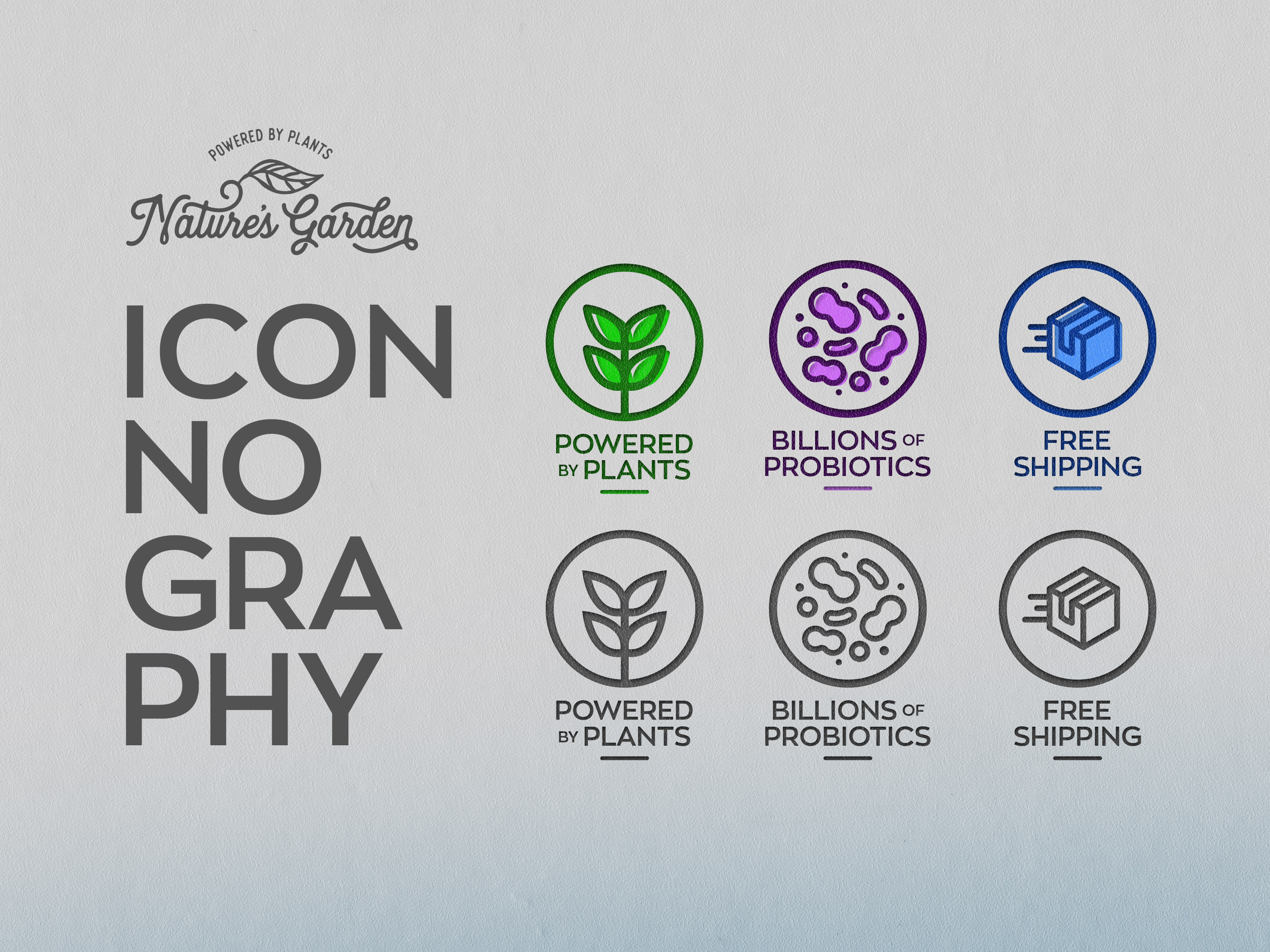 Iconography design for CPG snack branding featuring stylized illustrations of ingredients nature elements and food products for retail and trade marketing applications
