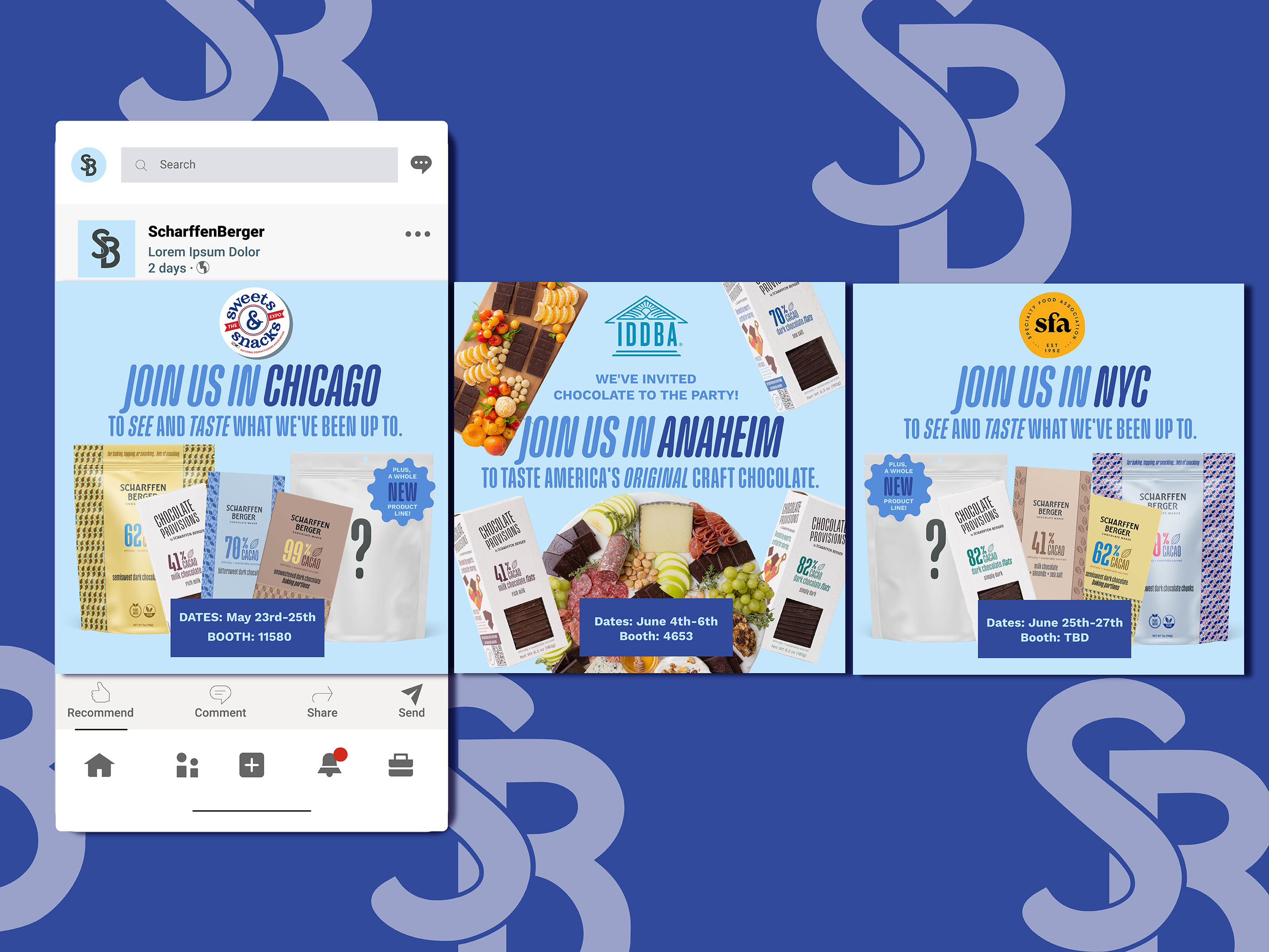 Social media design for CPG snack brand trade show announcement, event marketing graphic optimized for digital platforms to drive booth traffic at industry expos