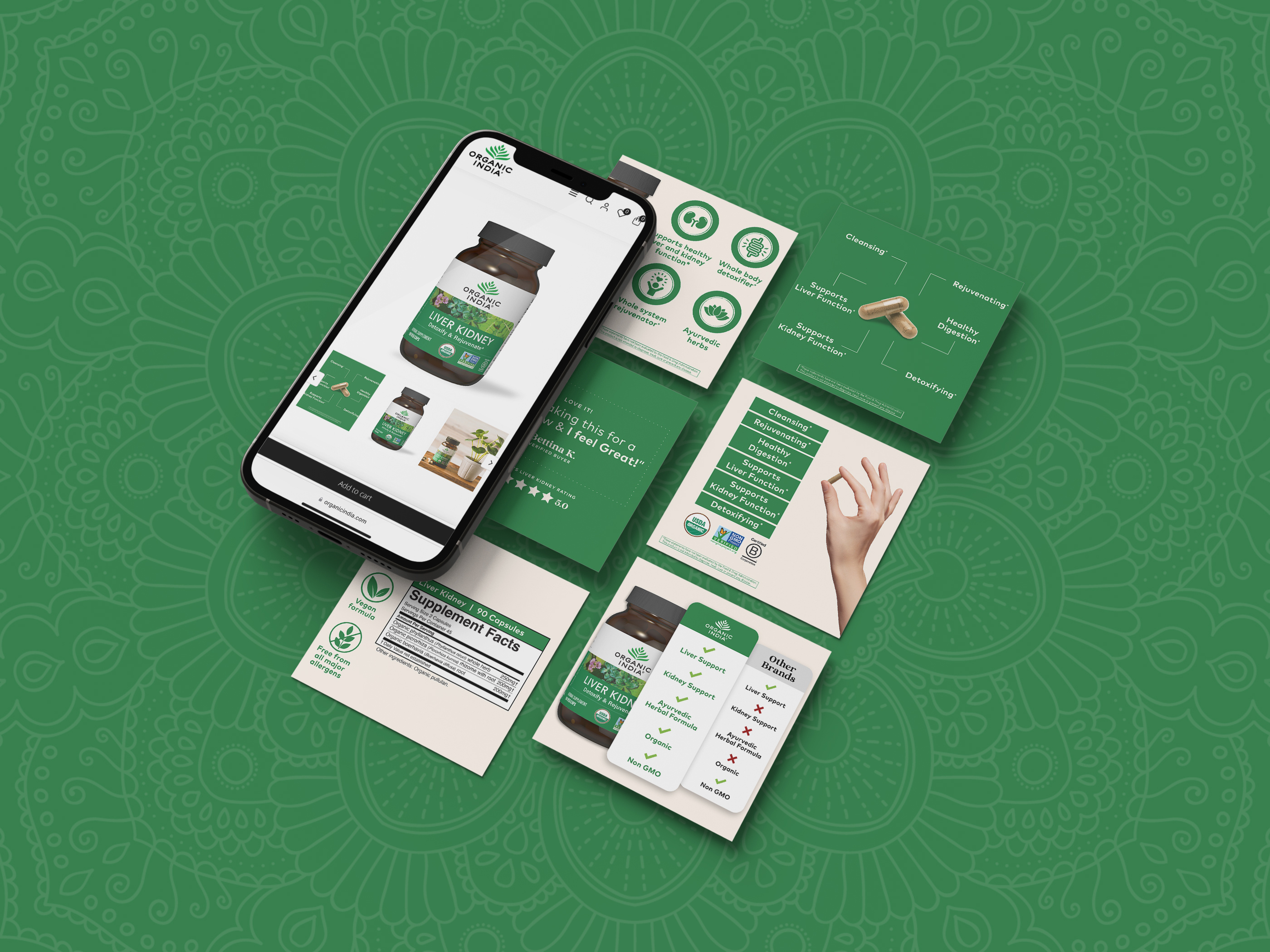 Product information card design for supplement brand Heart & Soil used as trade show handouts and retail point of sale materials for Liver and Kidney products