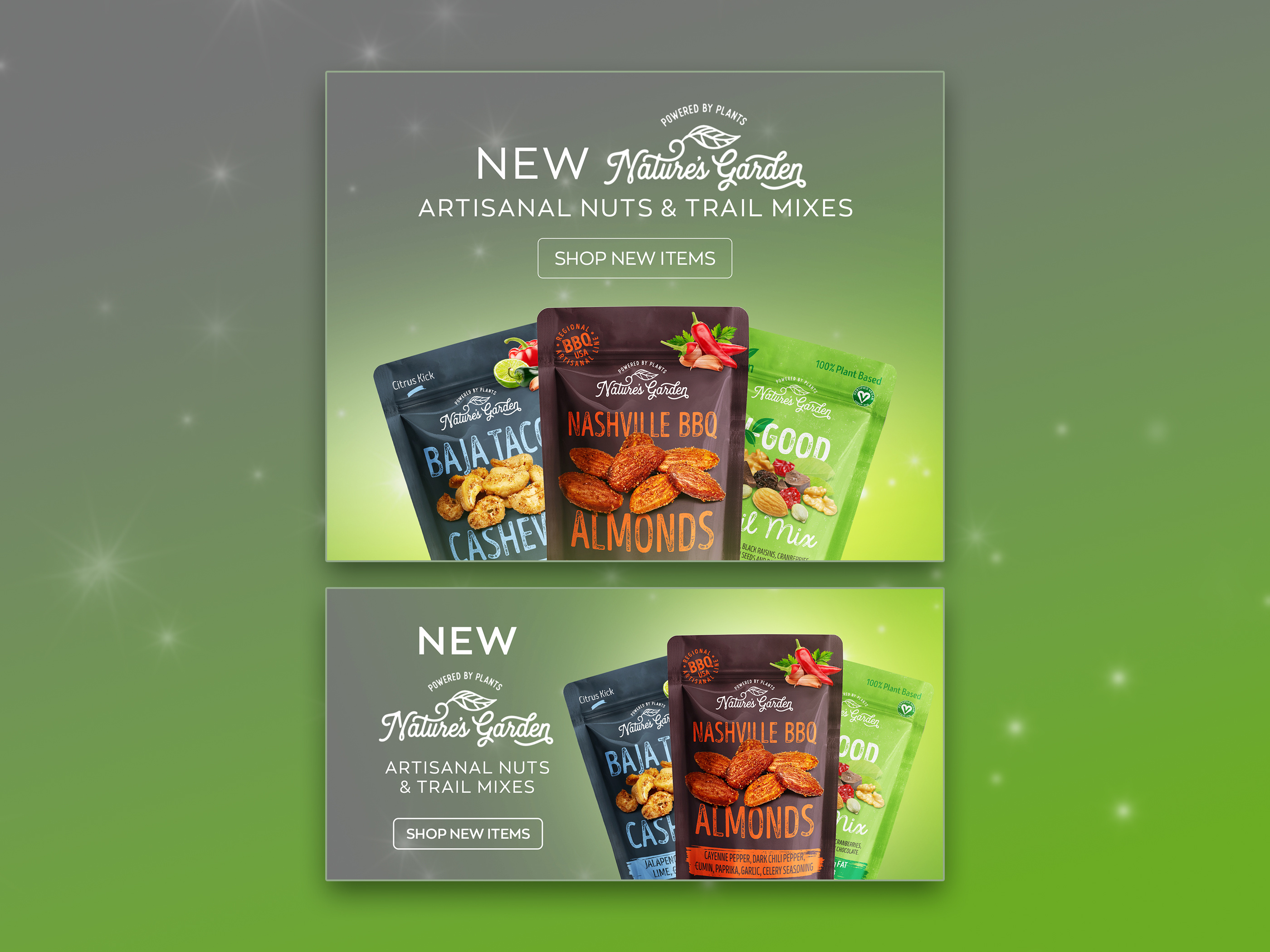 Large-format display graphics for CPG snack brand NUTS designed for trade shows events and retail promotions featuring product photography and gifting messaging