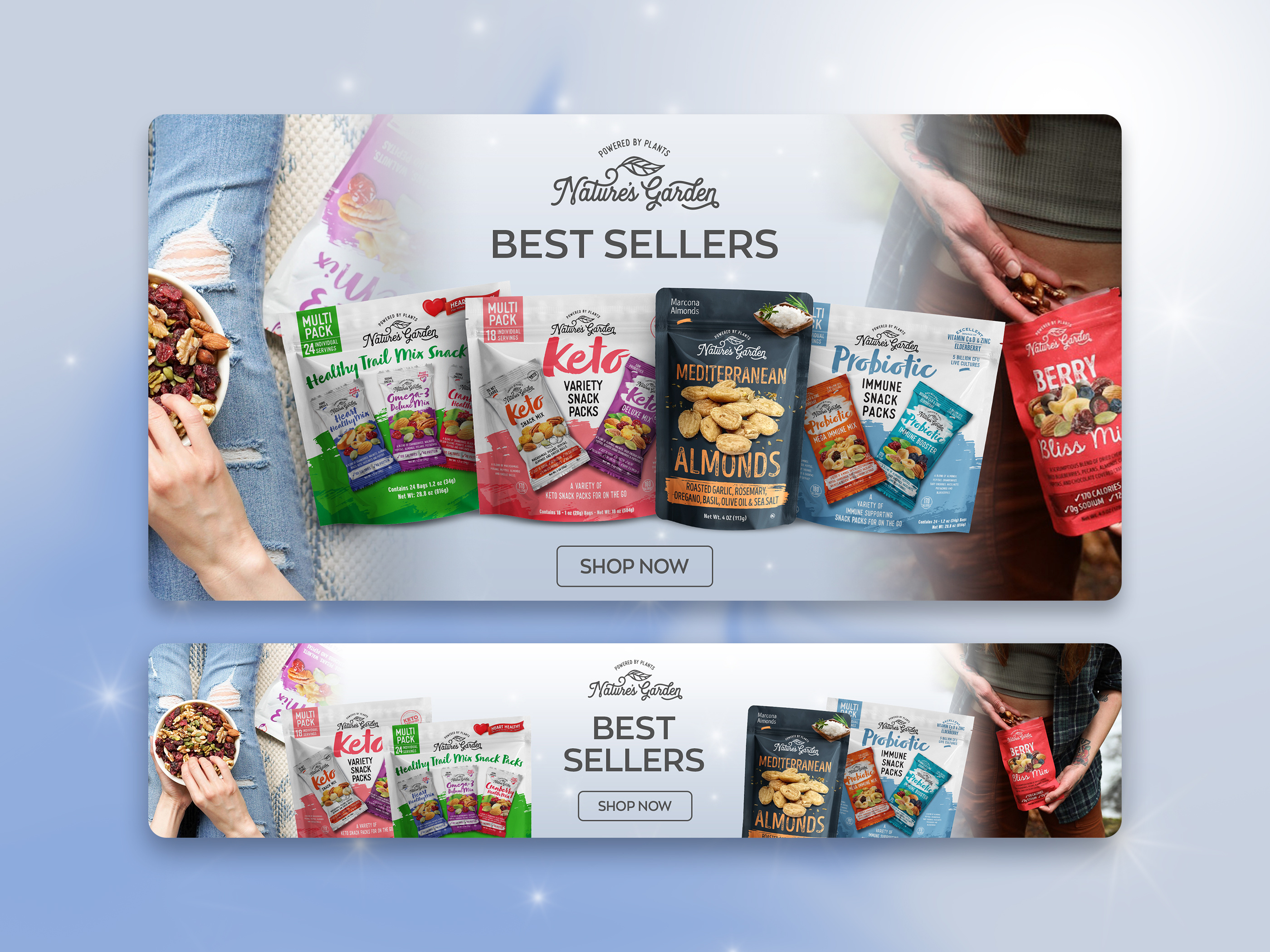 Retail display graphics and trade marketing banners for CPG brand Snack Pack featuring three distinct product layouts with pretzels chips and popcorn optimized for high-visibility event signage and retail promotions