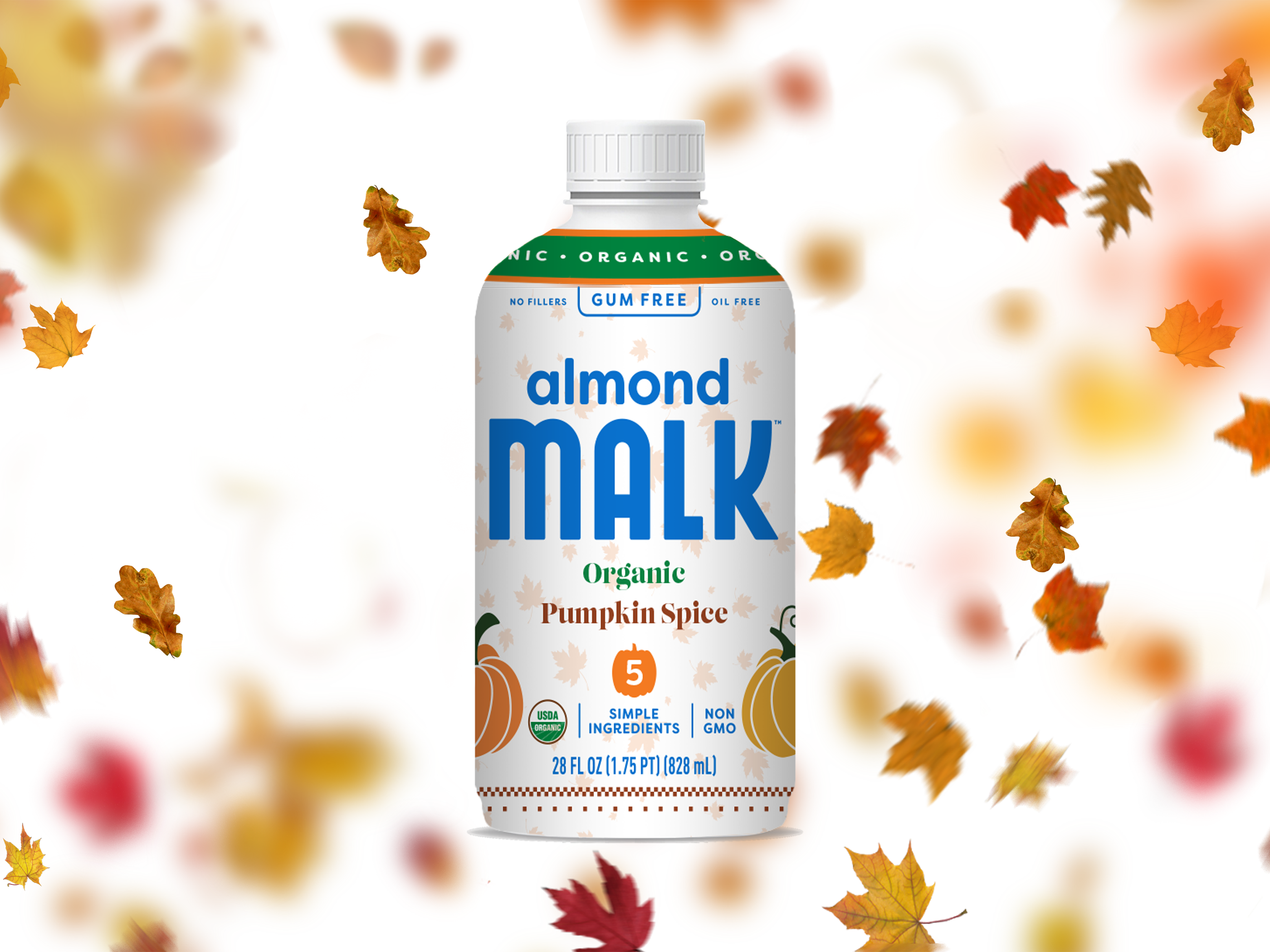 Beverage packaging design for Pumpkin Spice Almond Milk bottles, seasonal CPG branding and label design for retail and trade marketing