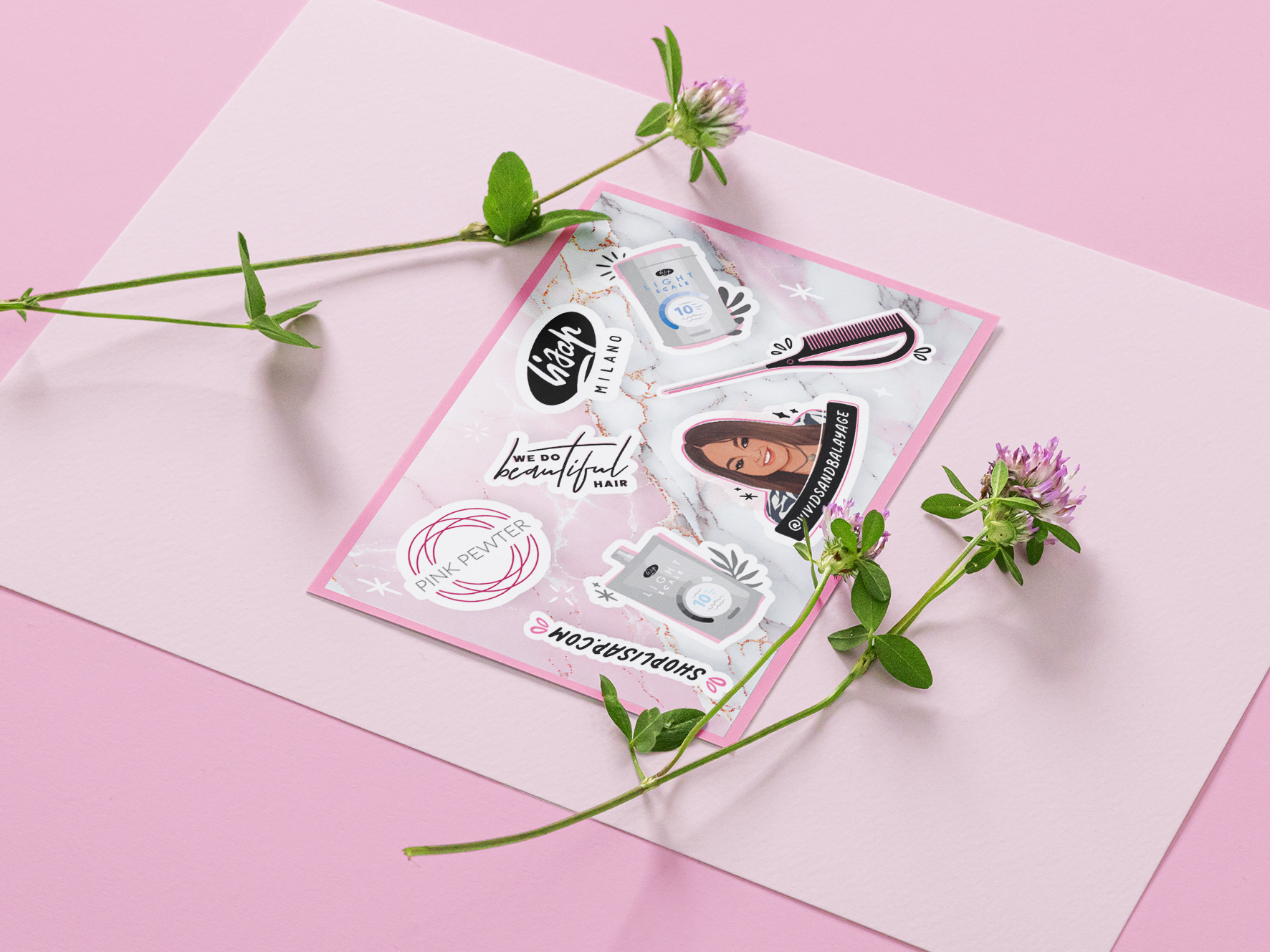 Promotional sticker sheet design for hair care brand featuring product illustrations and text like SHINE and VOLUME for events and trade marketing