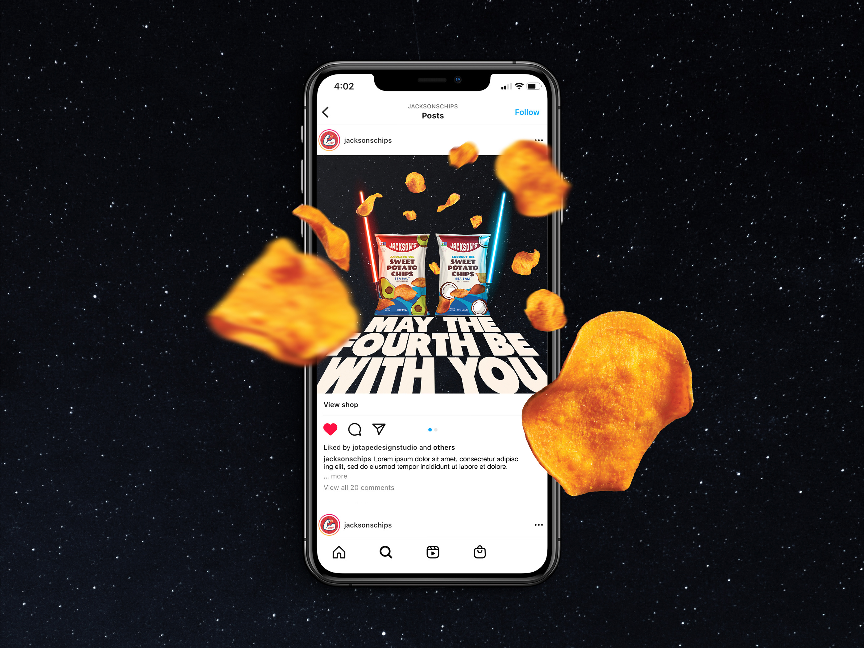 Social media design and digital marketing asset for CPG snack brand, seasonal promotion graphic optimized for engagement during May the Fourth events and retail campaigns