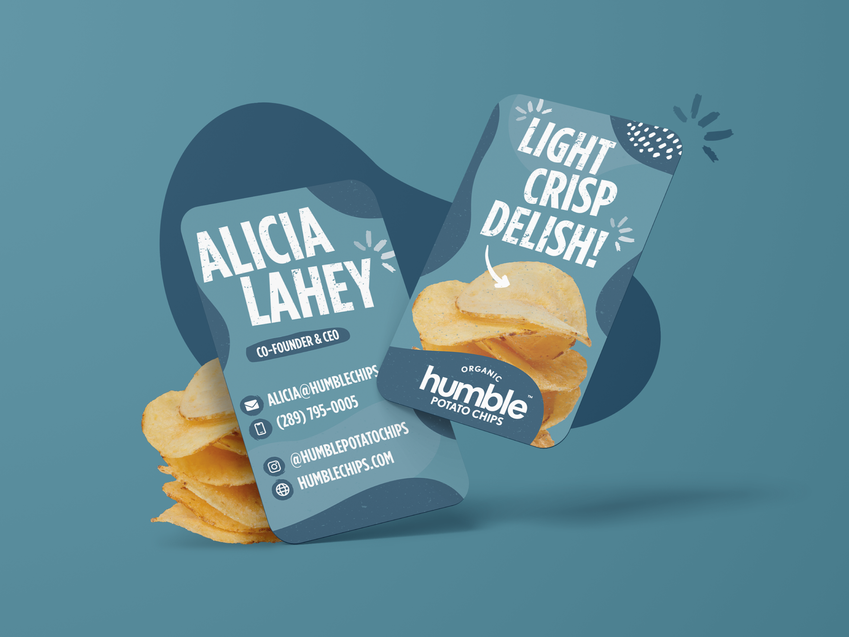 Business card design and print asset for CPG snack brand, trade marketing material optimized for networking at events and retail promotions