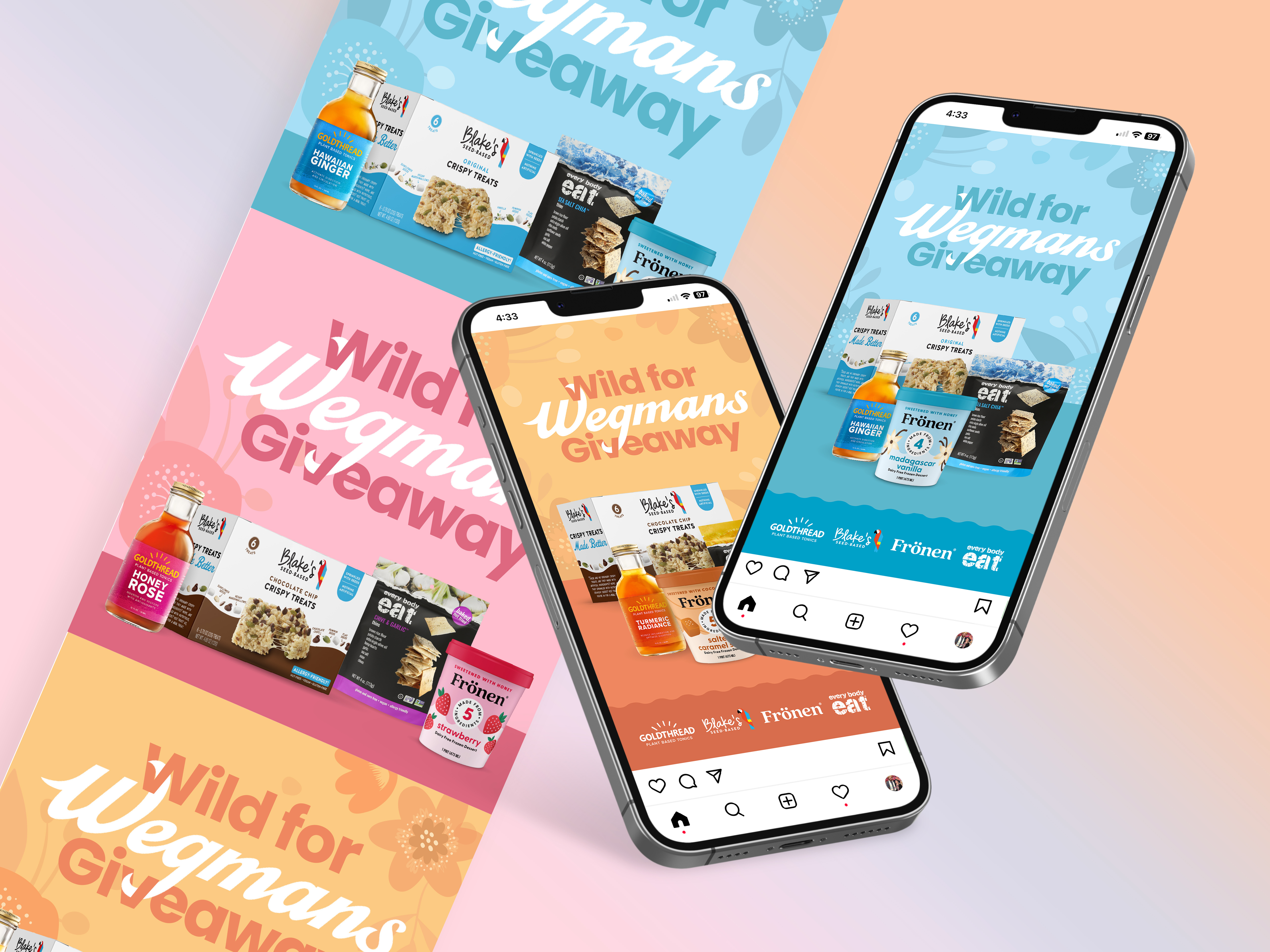 Social media design for CPG brand Wildwonder giveaway promotion featuring a smartphone displaying contest details against a vibrant fruit illustration background for digital marketing campaigns