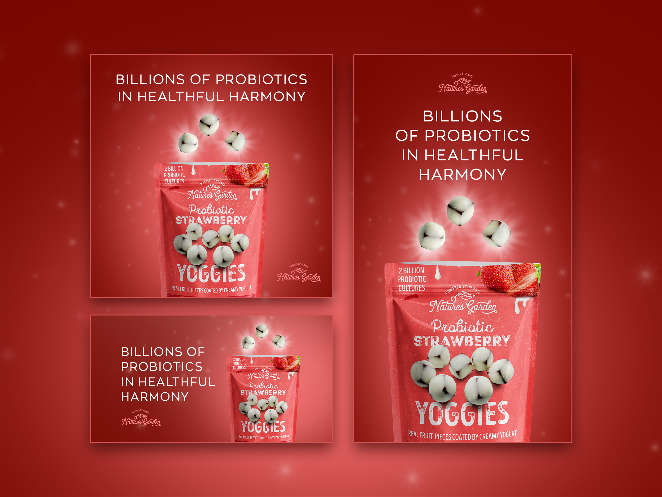 Retractable pop-up banner design for CPG snack brand Probiotic, vertical trade marketing display graphics optimized for events and retail promotions with bold typography and fruit illustrations