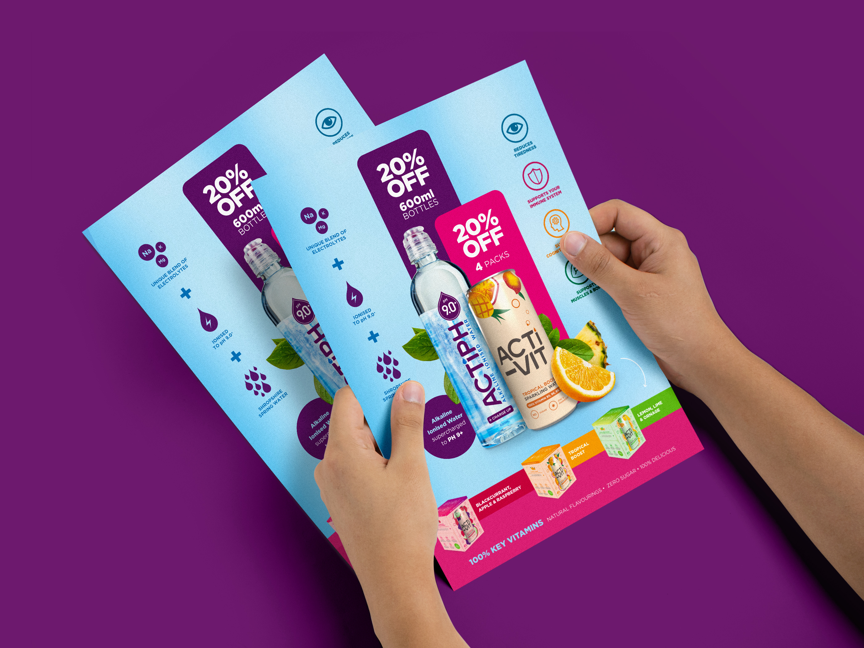 Full page print advertisement design for CPG beverage brand Hydration, trade marketing and retail promotion graphic showing product range and benefits