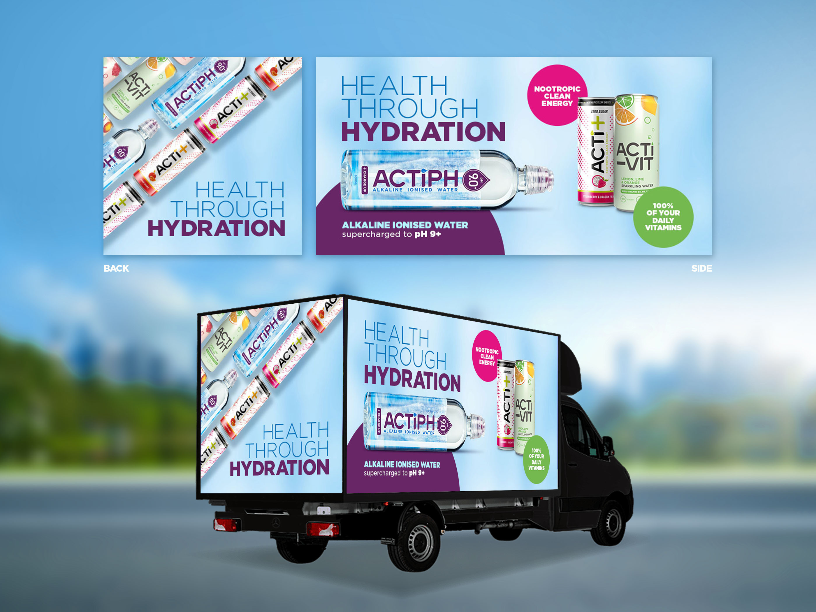 Vehicle wrap design and truck advertising for CPG beverage brand, mobile out-of-home marketing asset featuring vibrant fruit illustrations and product imagery for high visibility in urban areas and trade shows