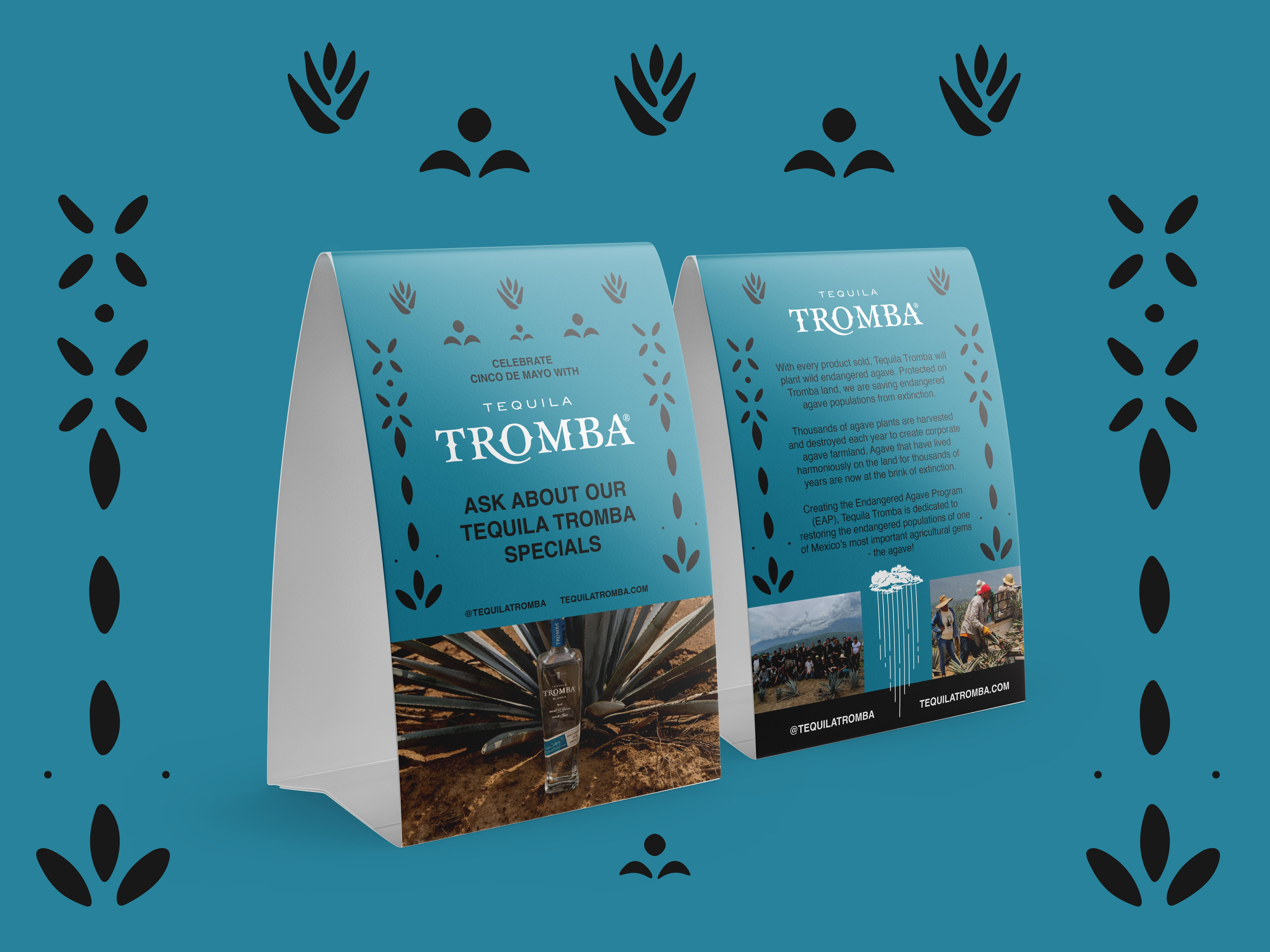 Tabletop display design and table card for Tequila Tromba, point-of-sale graphic for events and retail promotions featuring product imagery and brand messaging