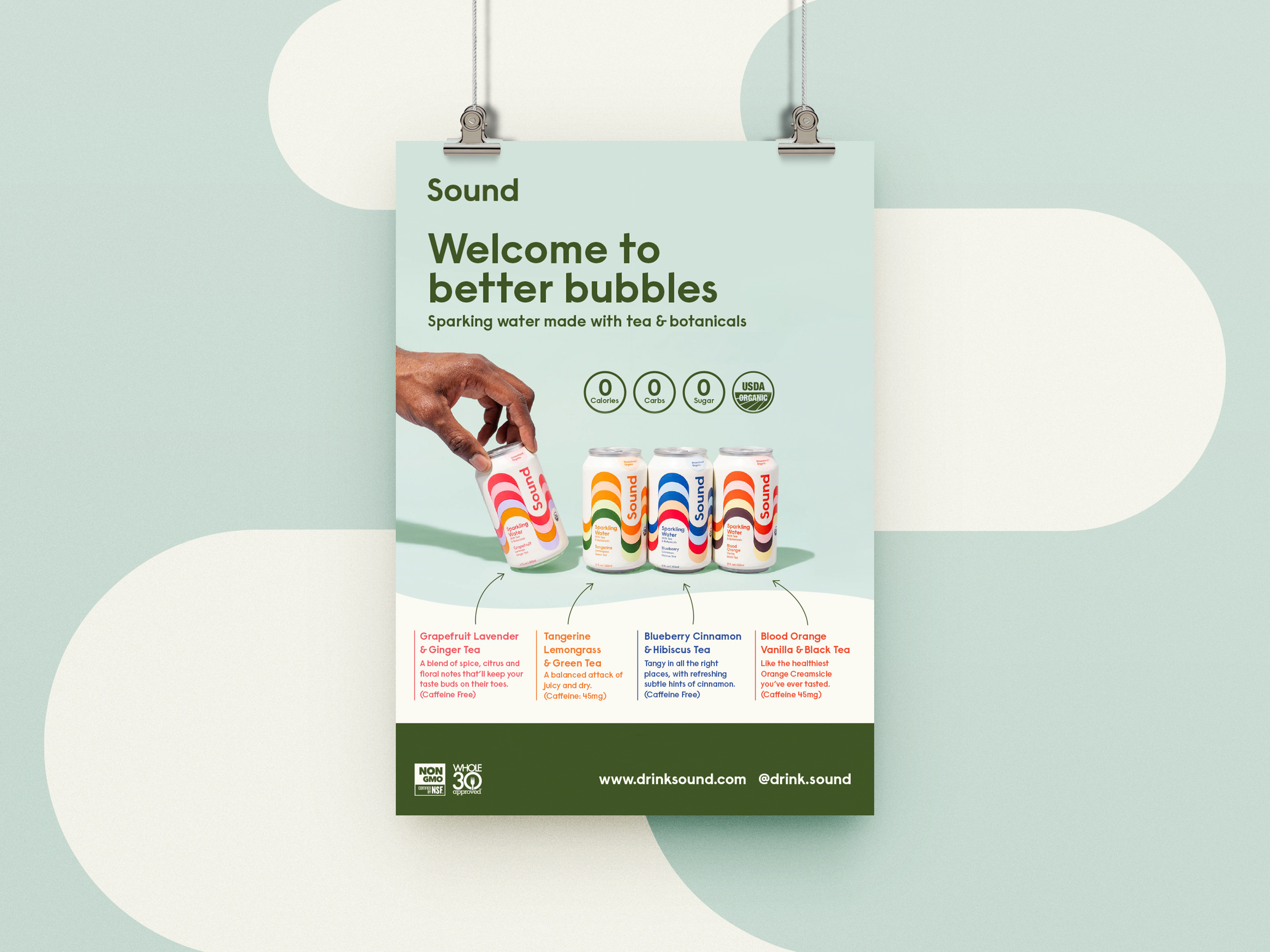 One-sheet design for sparkling water brand, trade marketing flyer layout optimized for events and retail promotions featuring flavor assortment and key product benefits