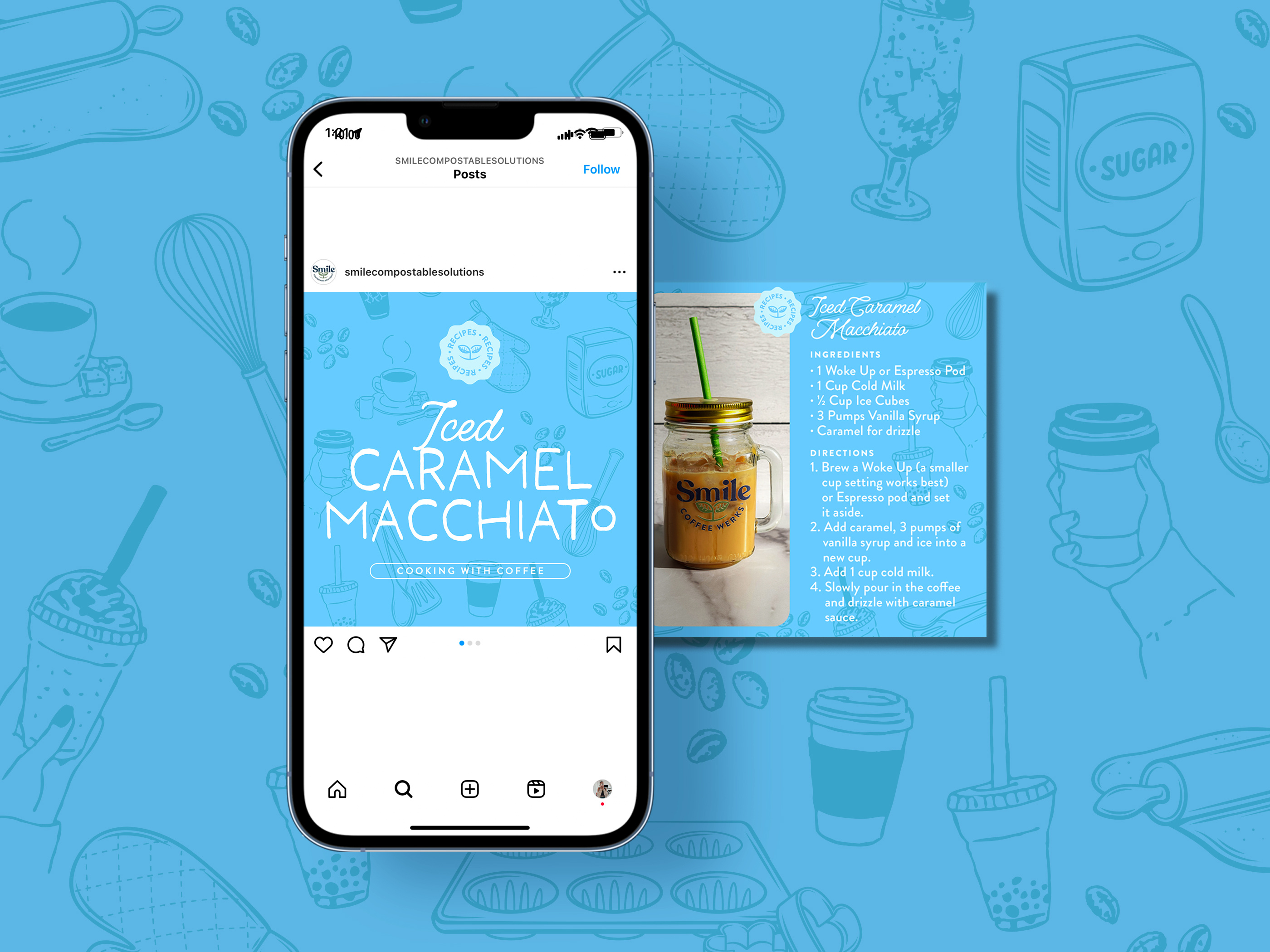 Recipe infographic design for beverage brand, vertical trade marketing graphic illustrating drink preparation steps and ingredients for retail and event promotions