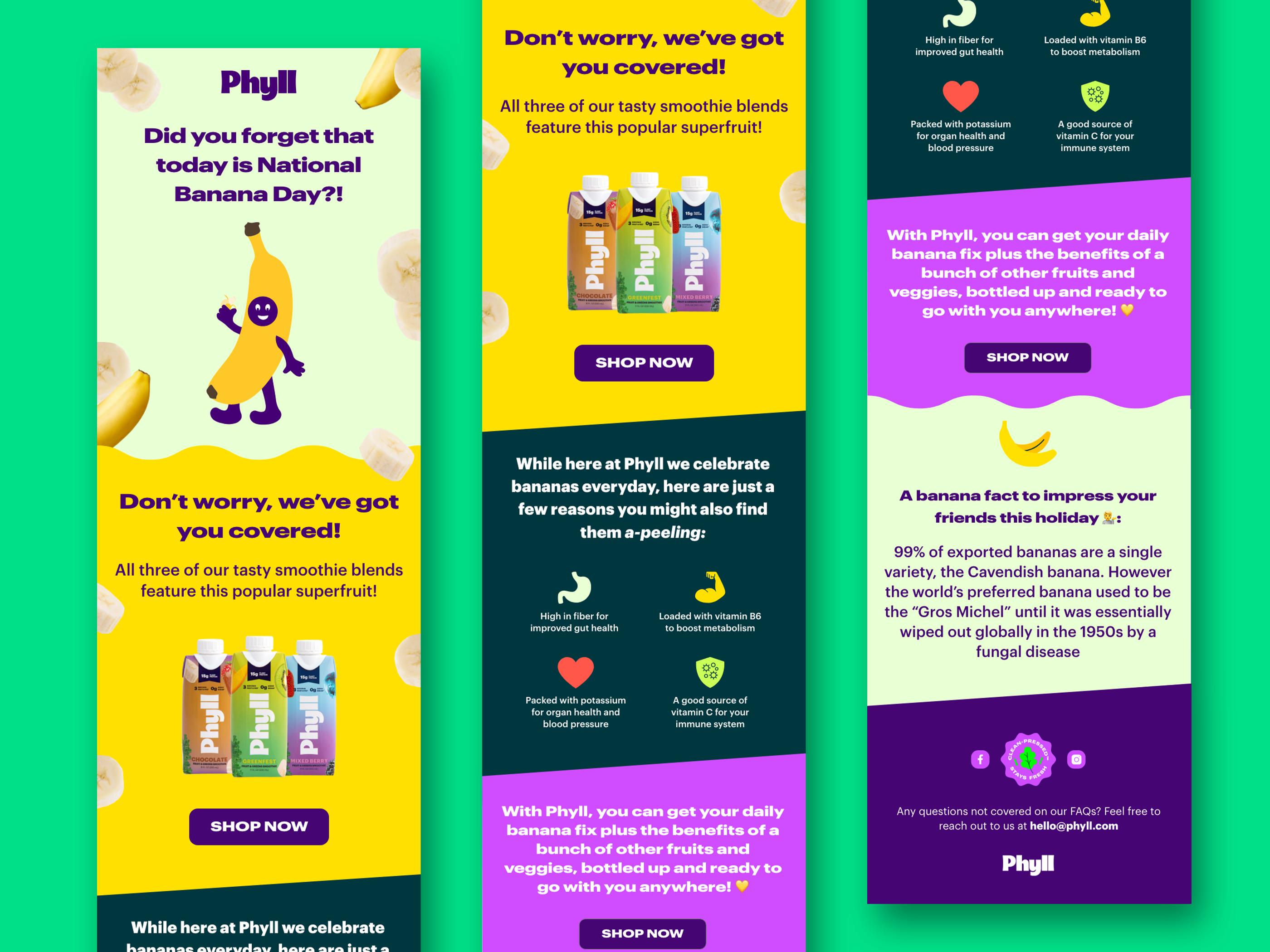 Email newsletter design series for CPG beverage brand featuring distinct color-coded layouts for different smoothie flavors optimized for direct-to-consumer marketing and product promotion