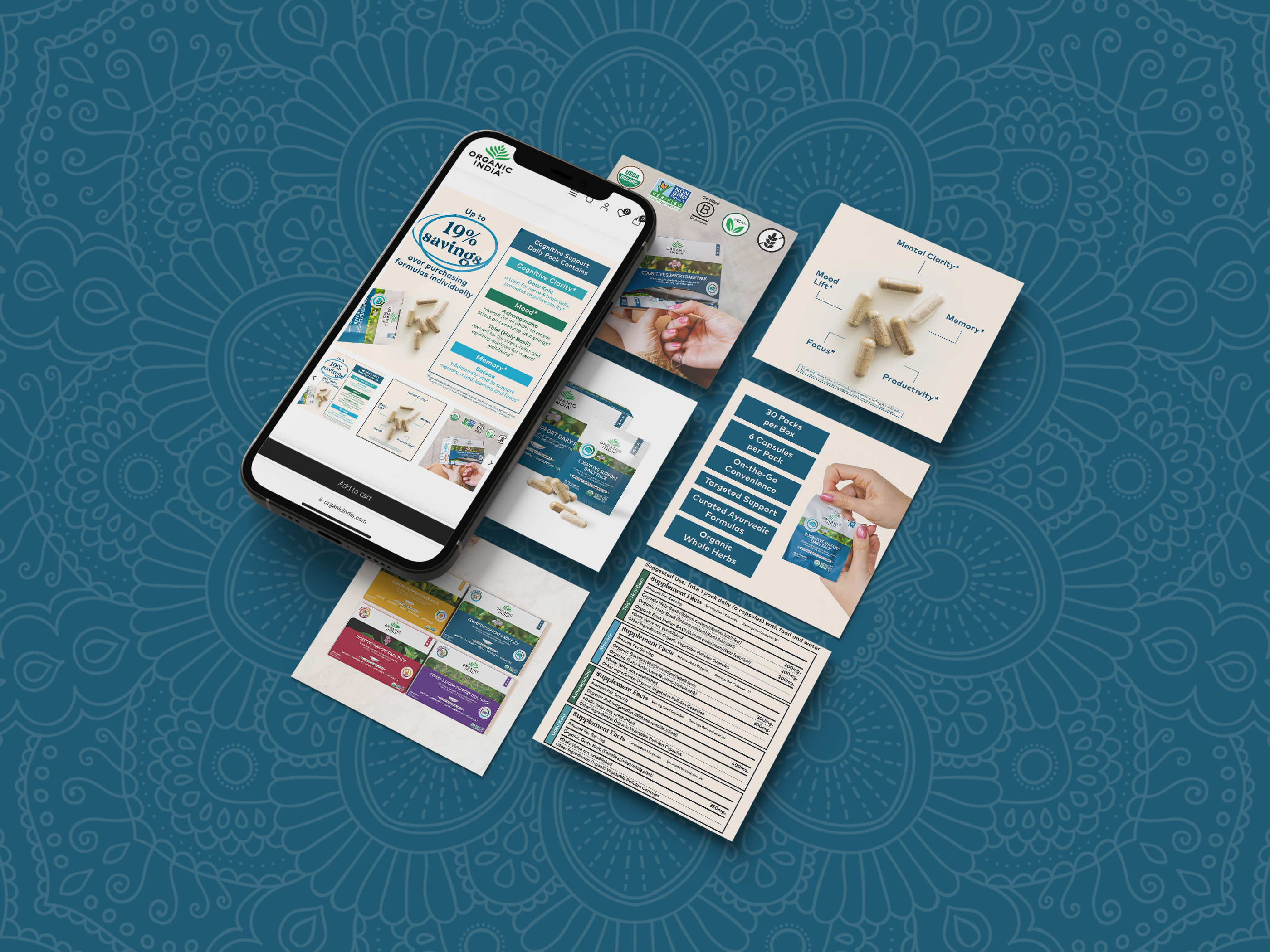 Promotional card design for cognitive support products, trade marketing graphics optimized for events and retail promotions, colorful layout with clear ingredient messaging and functional icons