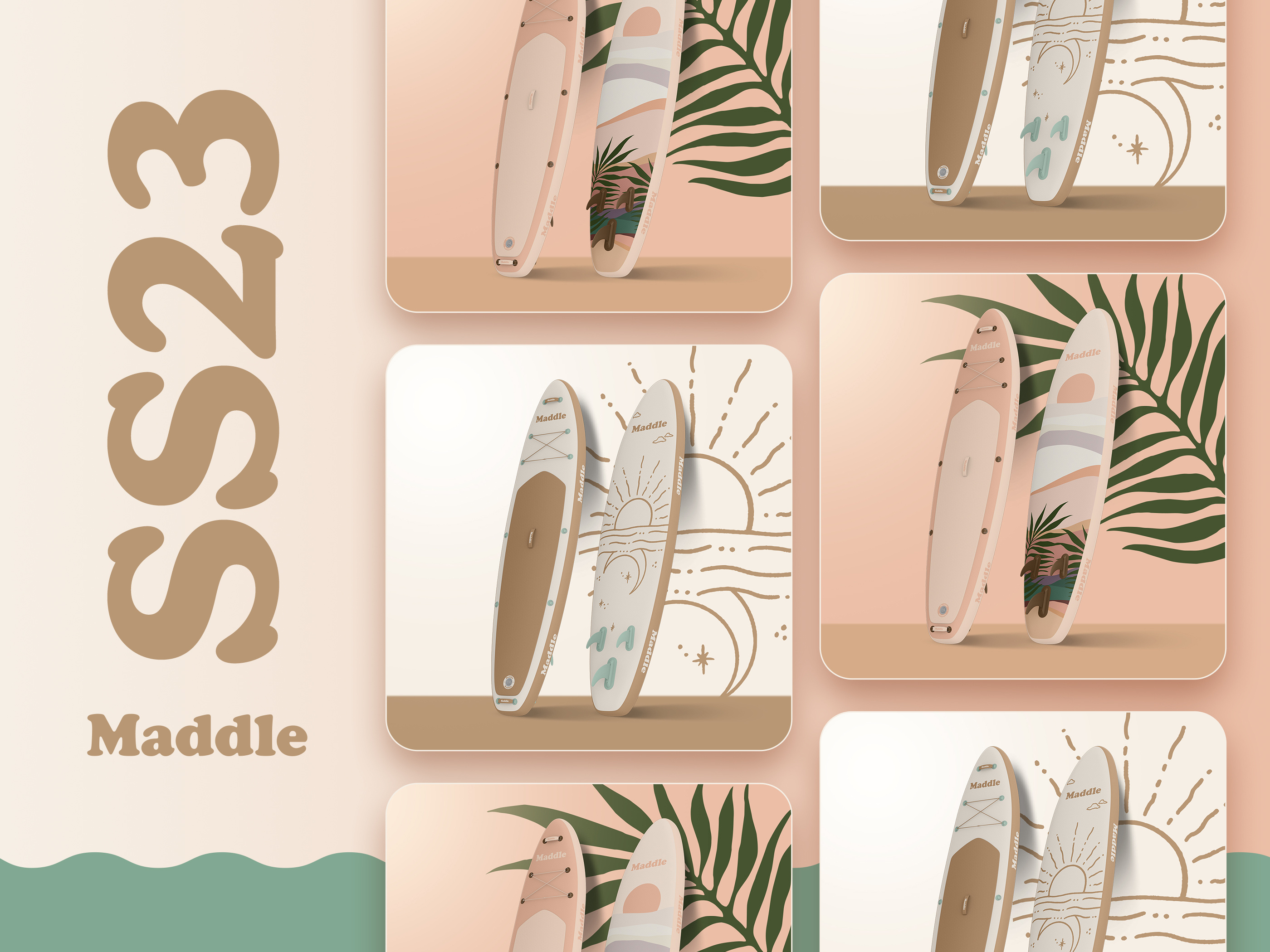 Experiential marketing design for branded paddle boards, summer collection graphics used in event branding and retail promotions for CPG snacks