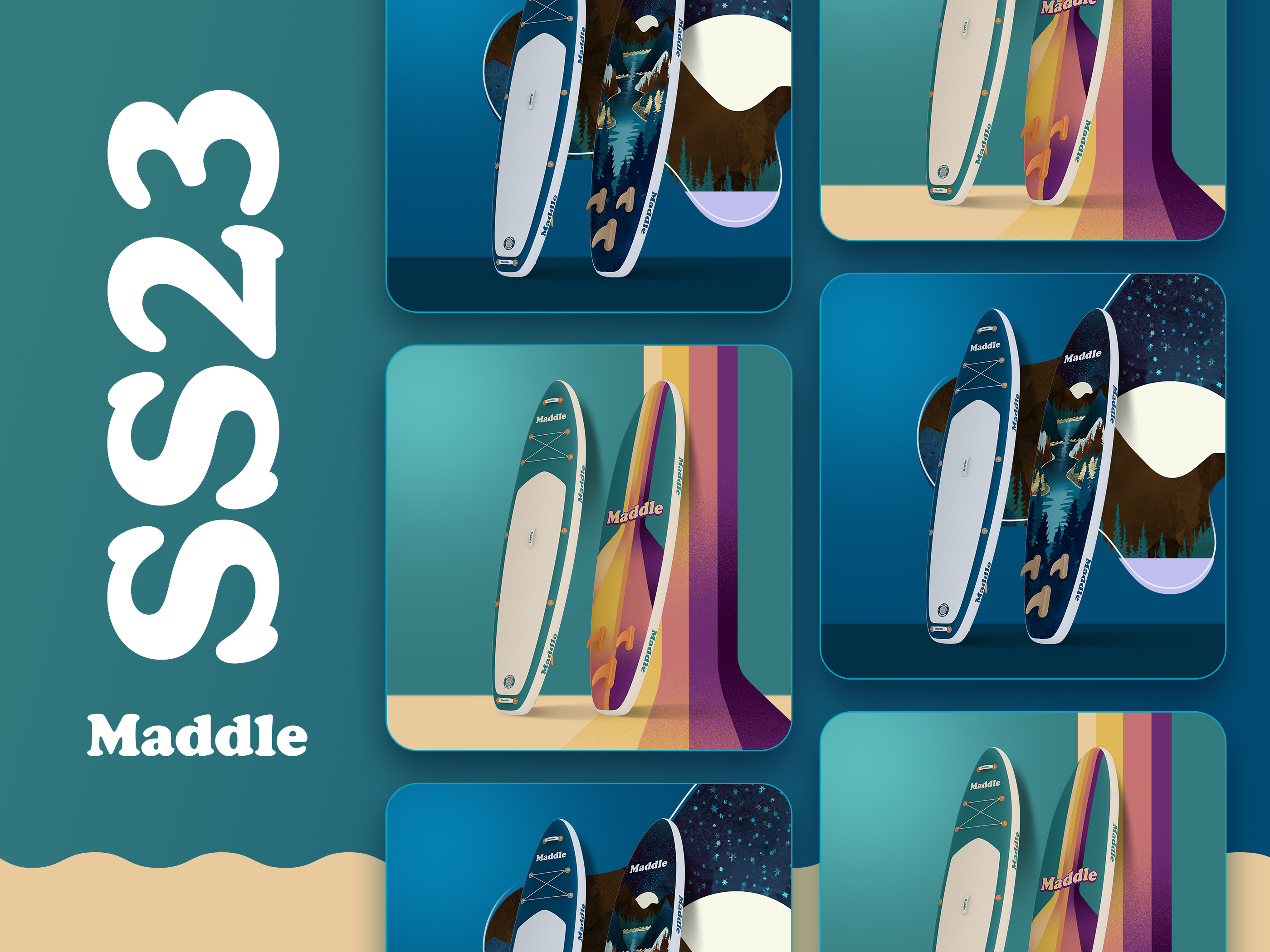 Event signage and retail poster design for paddle board rentals and tours, trade marketing graphics with retro illustration style for outdoor events and promotions