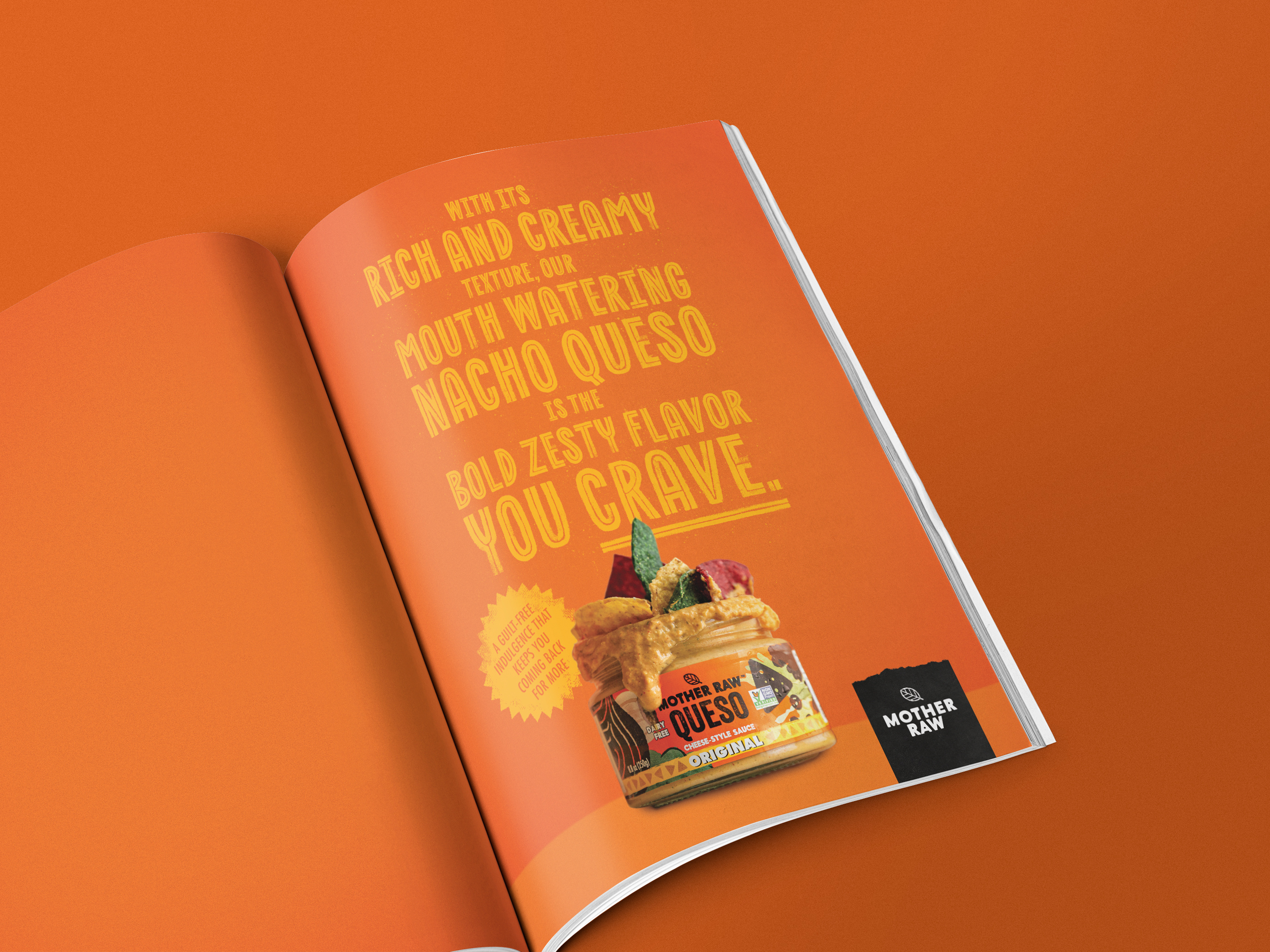 Print advertisement design for CPG snack brand Queso Mama magazine ad layout optimized for brand storytelling and product appetite appeal in retail and trade marketing contexts