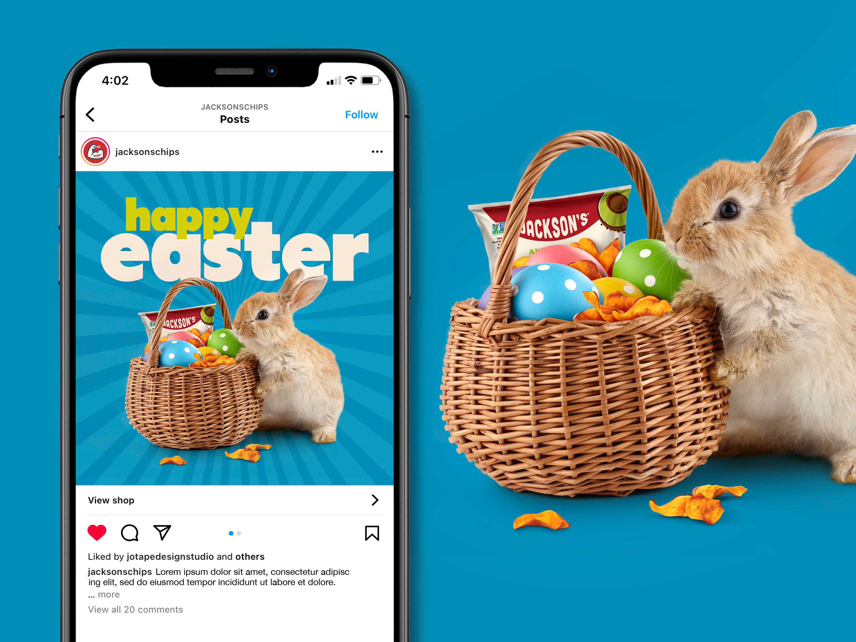 Social media design for CPG snack brand Easter marketing campaign, seasonal digital advertising graphic optimized for engagement and brand awareness