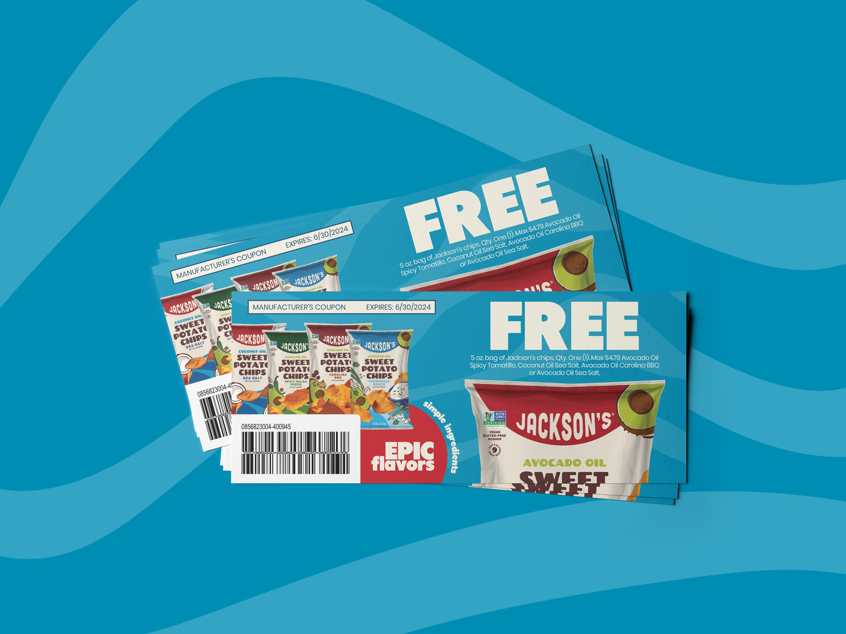 Printed coupon handout design for Salty Dog snacks, trade marketing flyer with 50 percent off offer and QR code for retail redemption