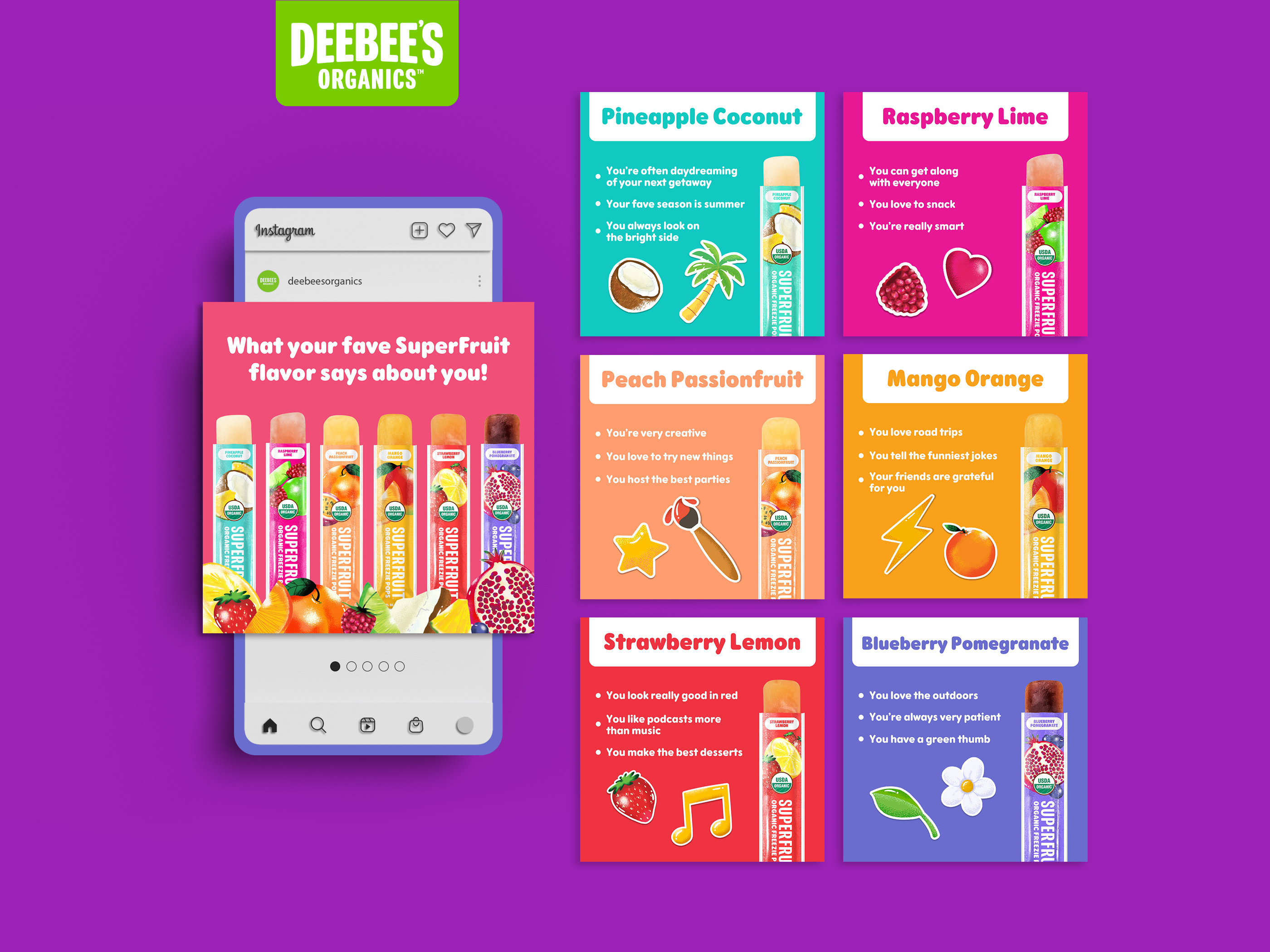 Social media design for CPG snack brand Fruit Freezies, digital marketing creative featuring product photography and vibrant illustration for brand awareness campaigns