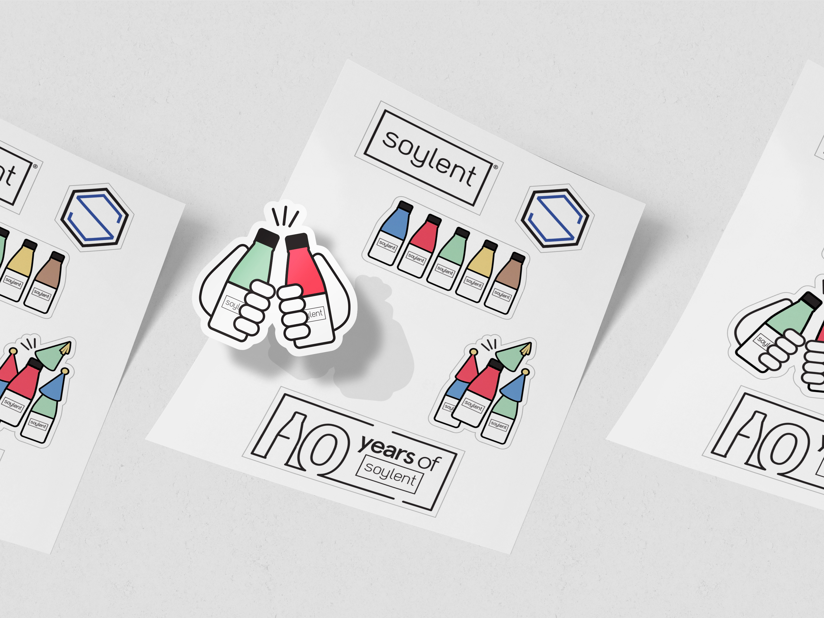 Promotional sticker sheet design for CPG brand SUPER FUEL featuring branded illustrations and logos for event marketing and trade show giveaways