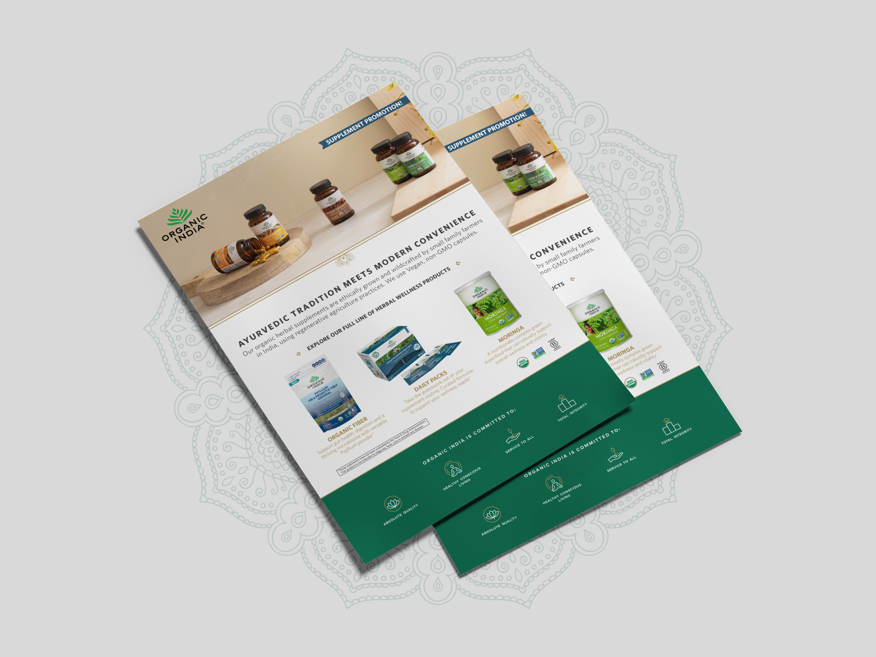Sell sheet design for organic supplements brand, trade show flyer layout with product imagery and ingredient details for events and retail promotions