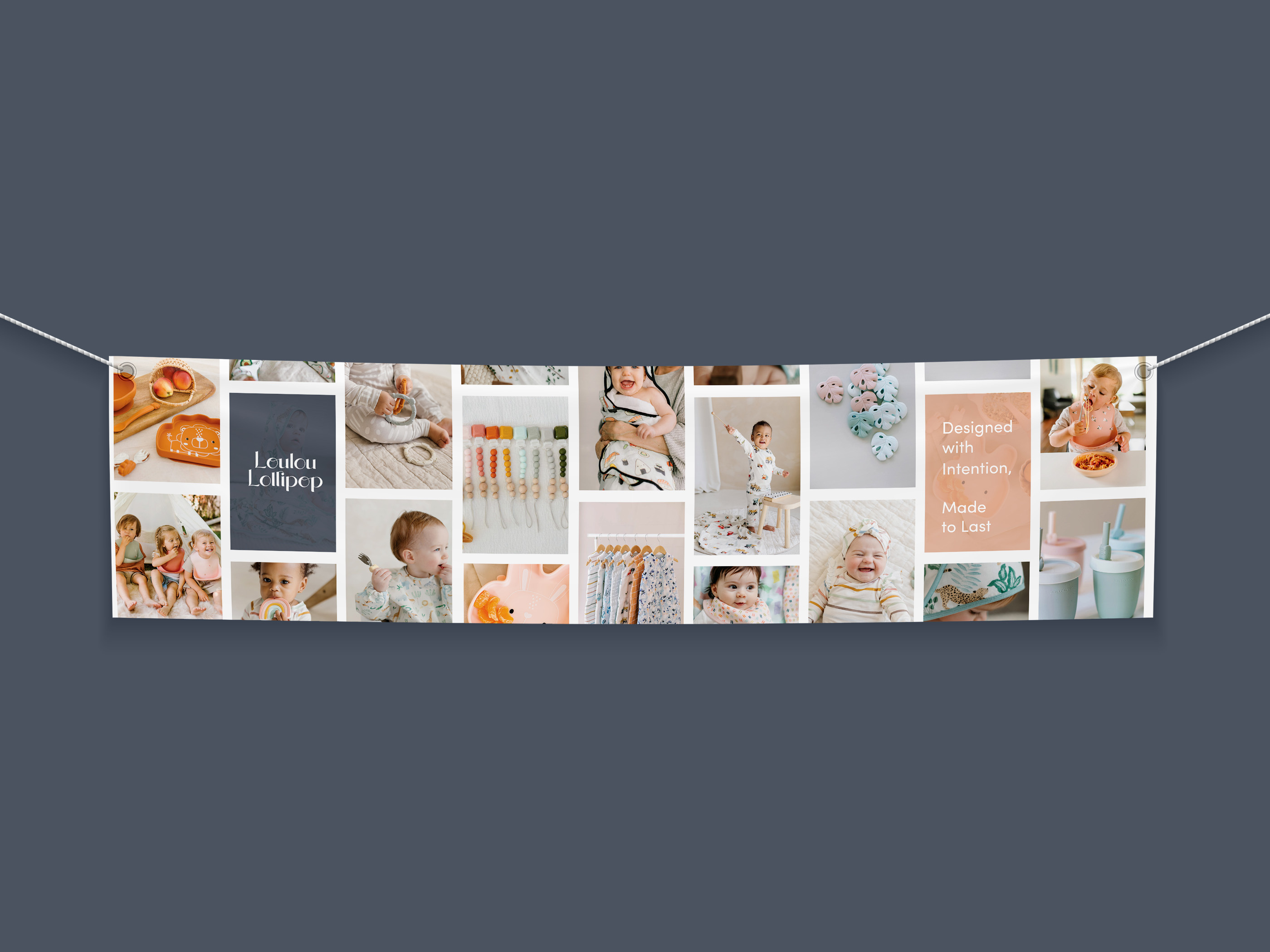 Large-format banner design for baby apparel brand Little Wonders used in trade shows and retail promotions featuring cute clothing illustrations and pastel colors